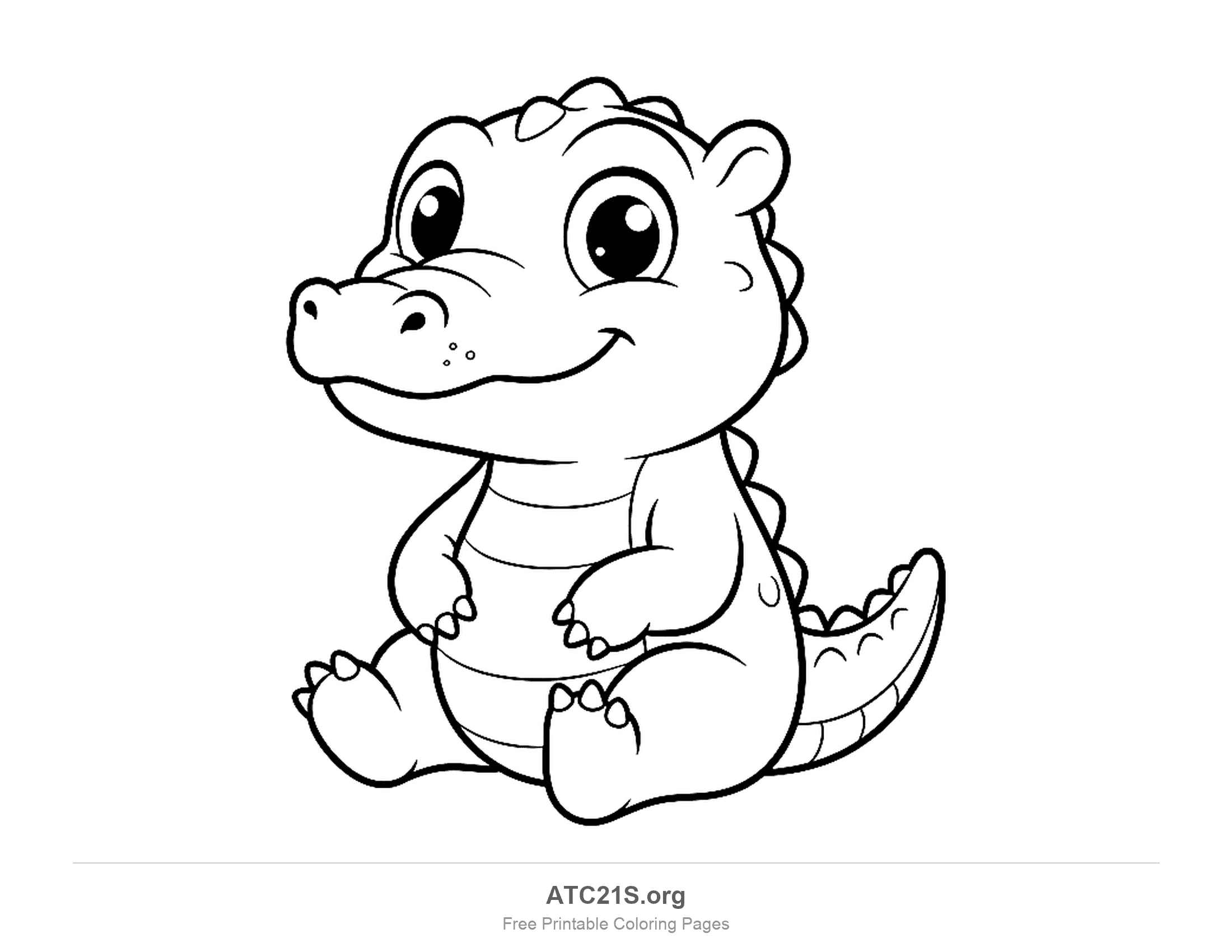 Cute chubby baby alligator sitting front-on with huge round eyes, a round snout, a striped belly and a short spotted tail, simple coloring page for preschoolers
