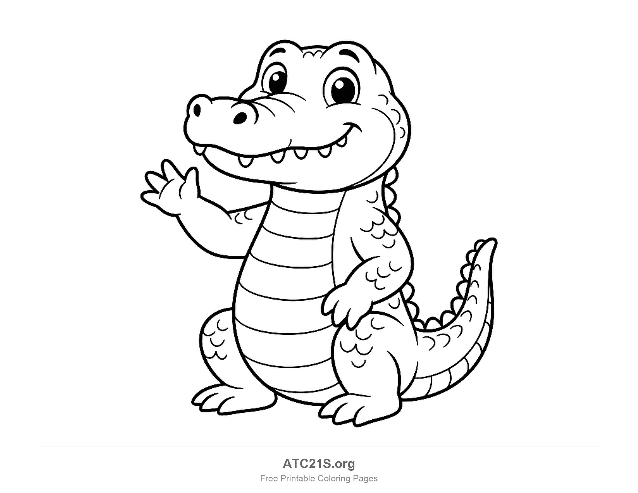 Cute cartoon alligator sitting upright on its hind legs, waving one hand, showing a few teeth, a striped belly and a raised scaly tail, easy coloring page for kids