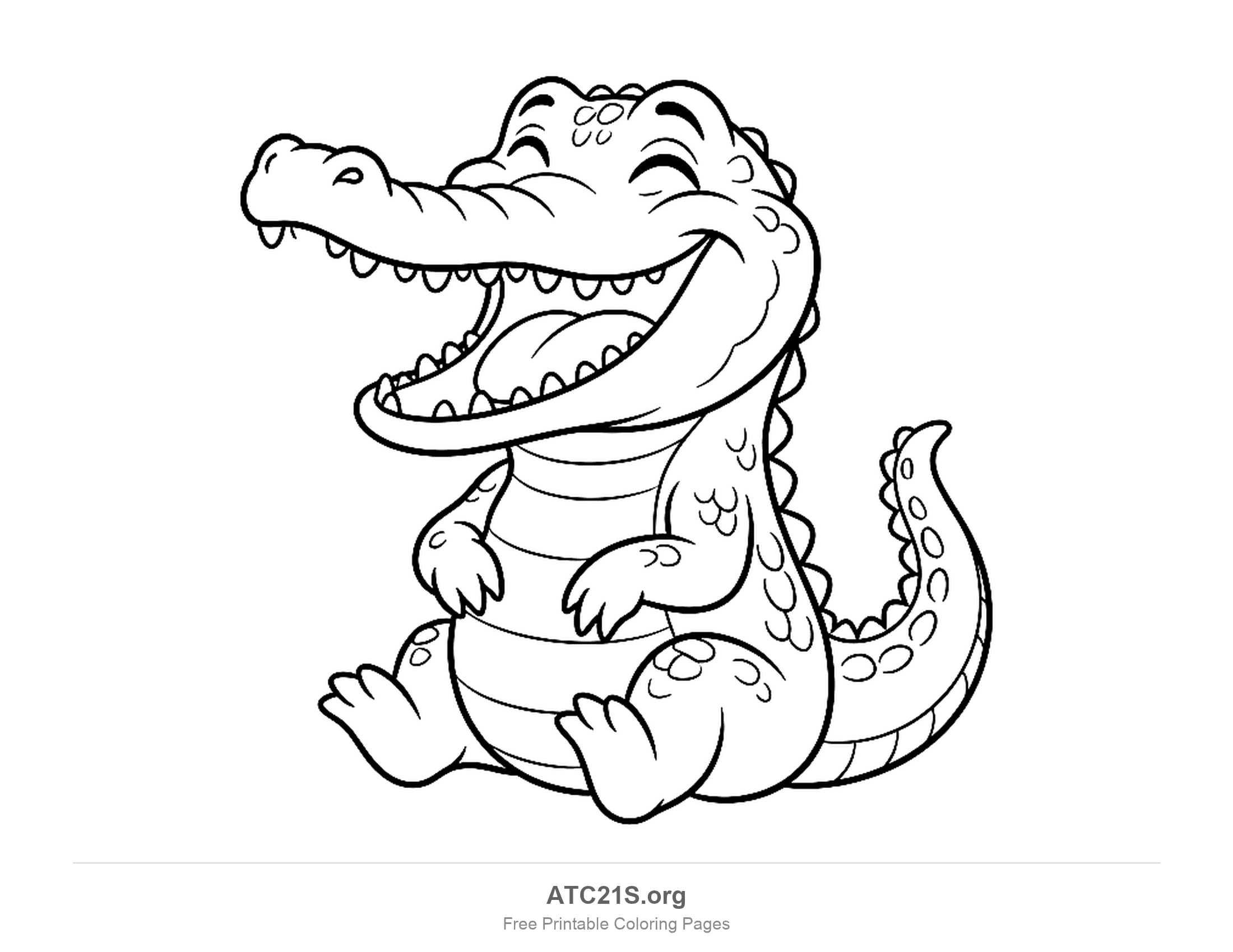 Cheerful alligator sitting upright with its mouth wide open in a laugh, rows of teeth, closed happy eyes, a striped belly and a spotted tail, printable coloring page
