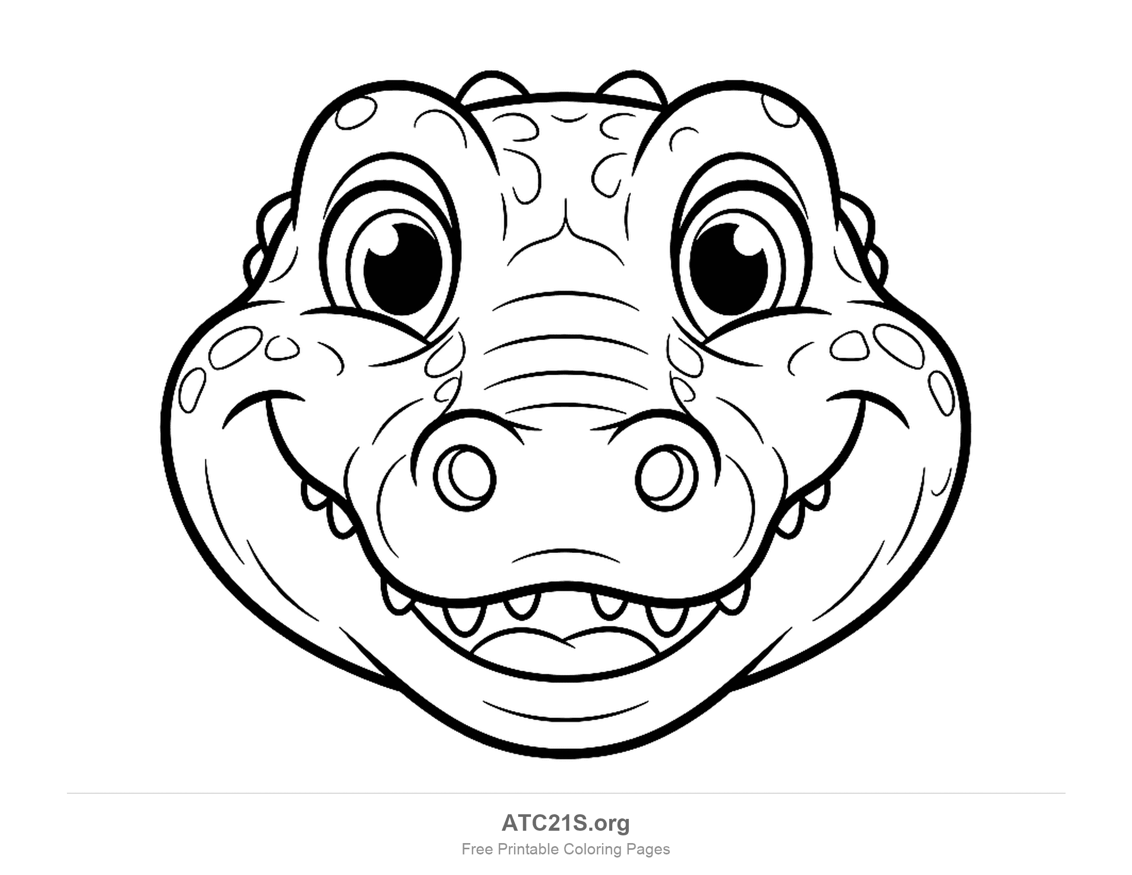 Close-up smiling alligator face looking straight ahead with big round eyes, a broad snout, visible teeth and scale marks on the cheeks, coloring page that also works as a mask