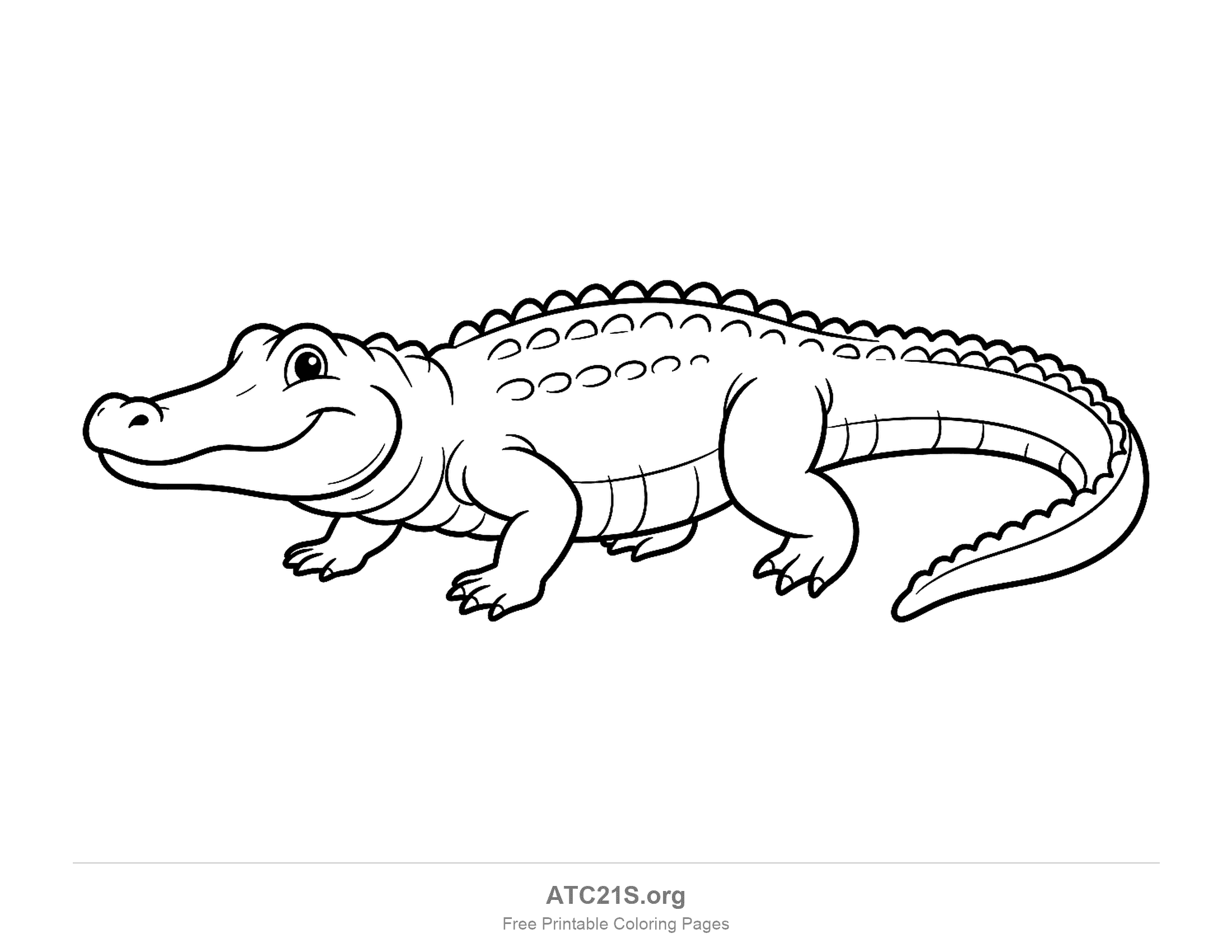 Smiling alligator walking in side view with a row of scutes along its back, a few oval scales and a long ridged tail, coloring page to print