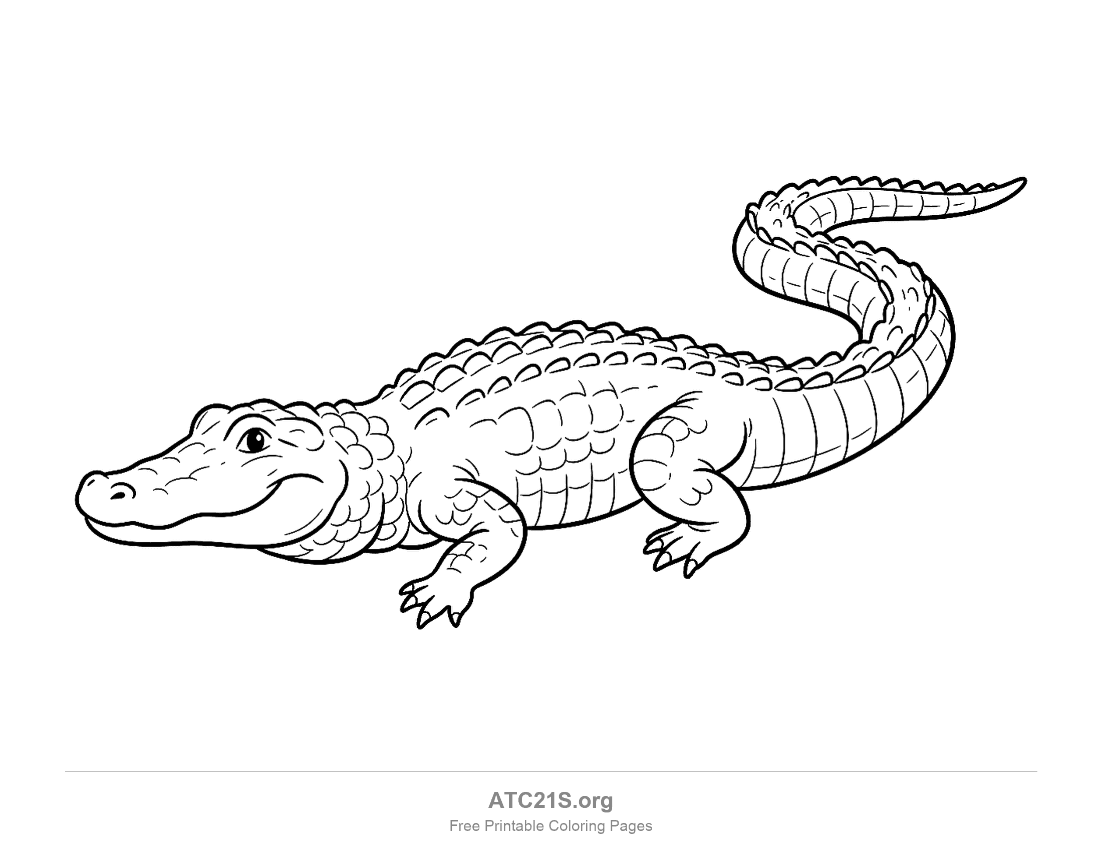 Detailed alligator walking in three-quarter view with a raised S-curve tail, individual scales covering its back and a smiling snout, coloring page for older kids