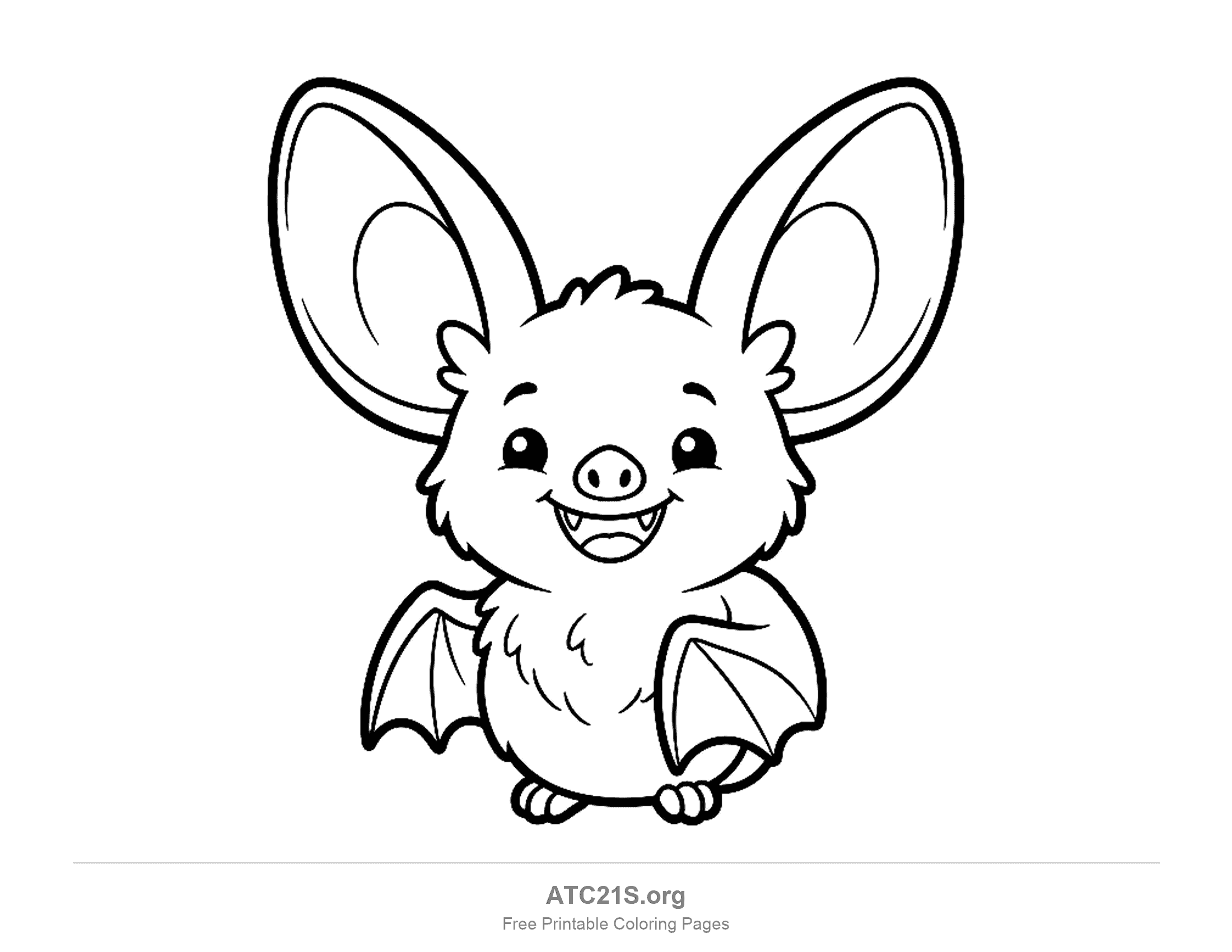 Cute cartoon bat sitting with huge oversized ears and small folded wings, simple coloring page for preschoolers