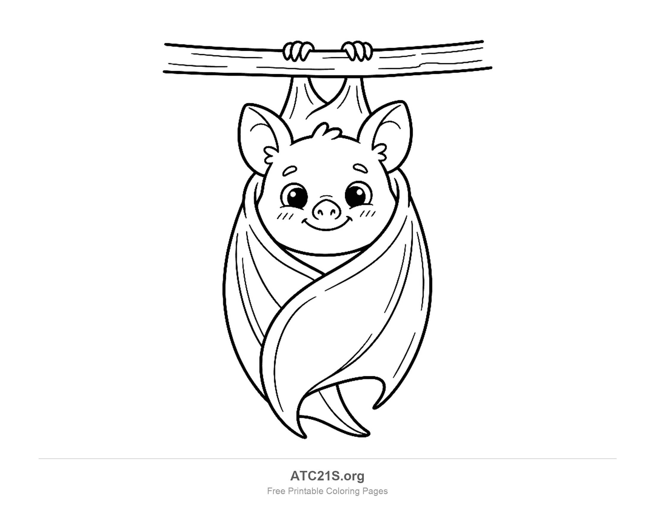 Cute cartoon bat hanging upside down from a branch wrapped in its wings, printable coloring page