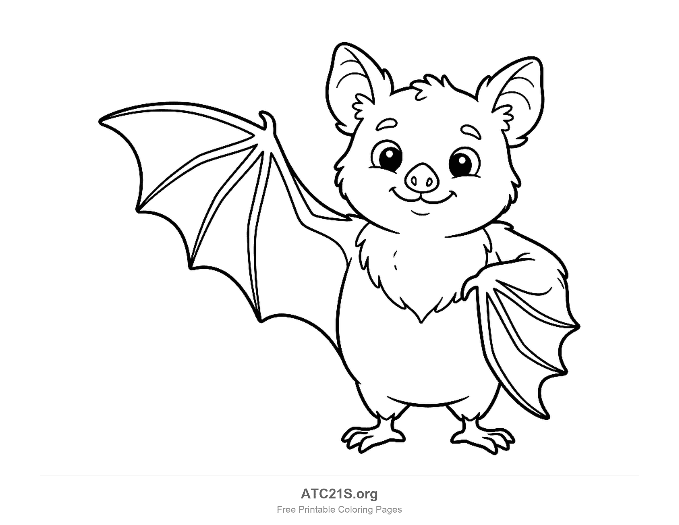 Cute cartoon bat standing and waving one wing while the other stays folded, coloring page to print