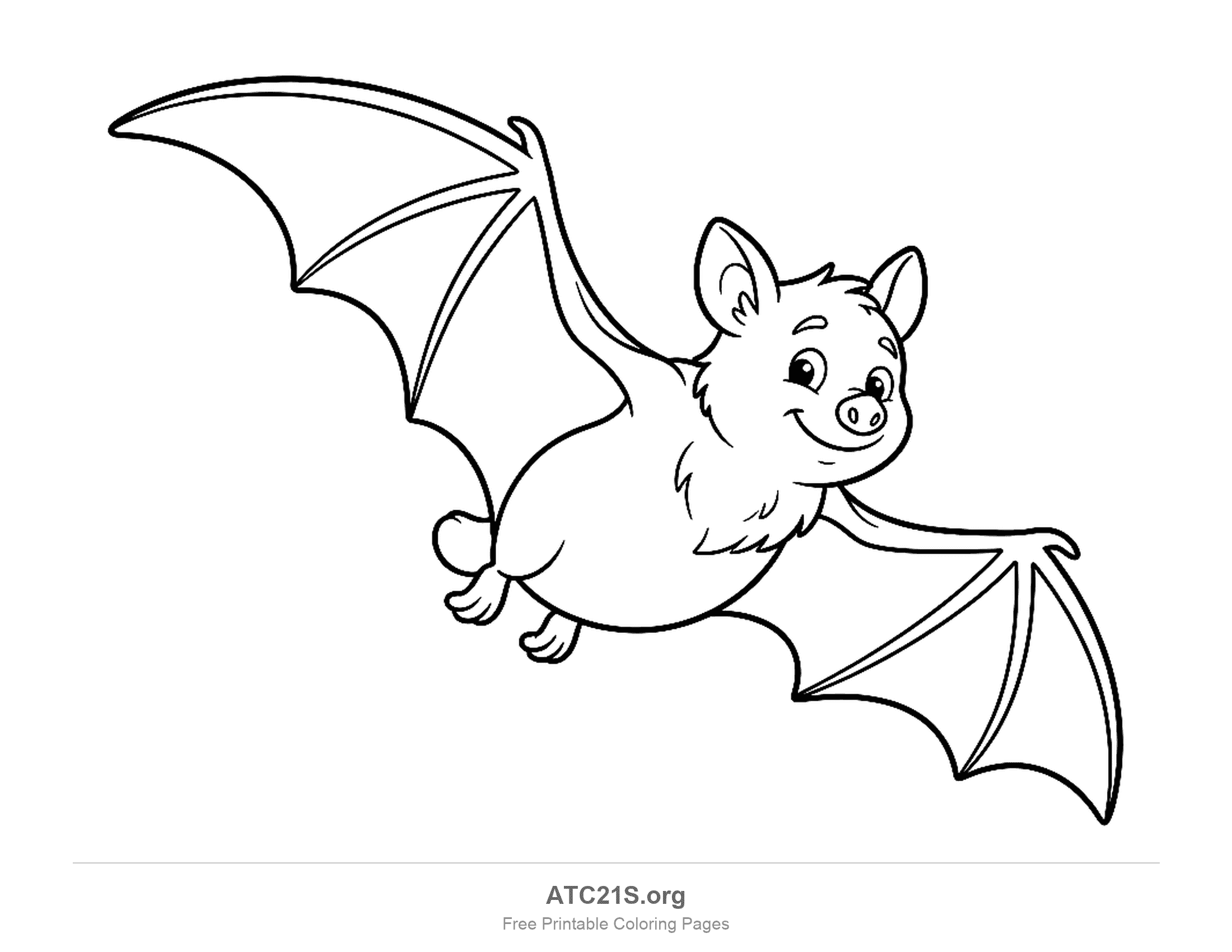 Cartoon bat swooping in flight with one wing raised and one lowered, coloring page for kids
