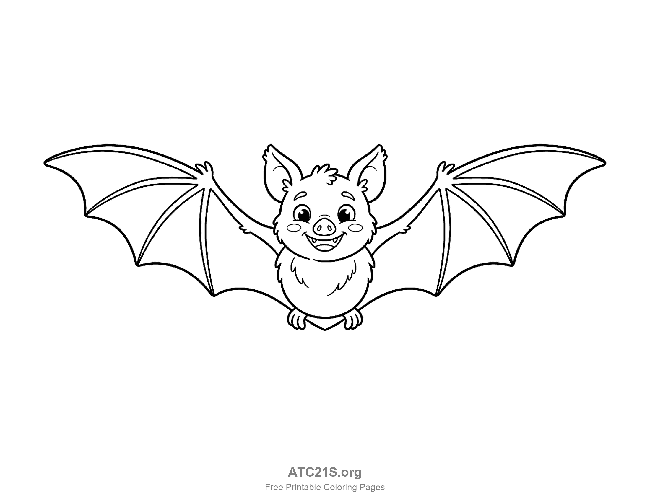 Cute smiling bat flying toward the viewer with both wings spread wide, coloring page
