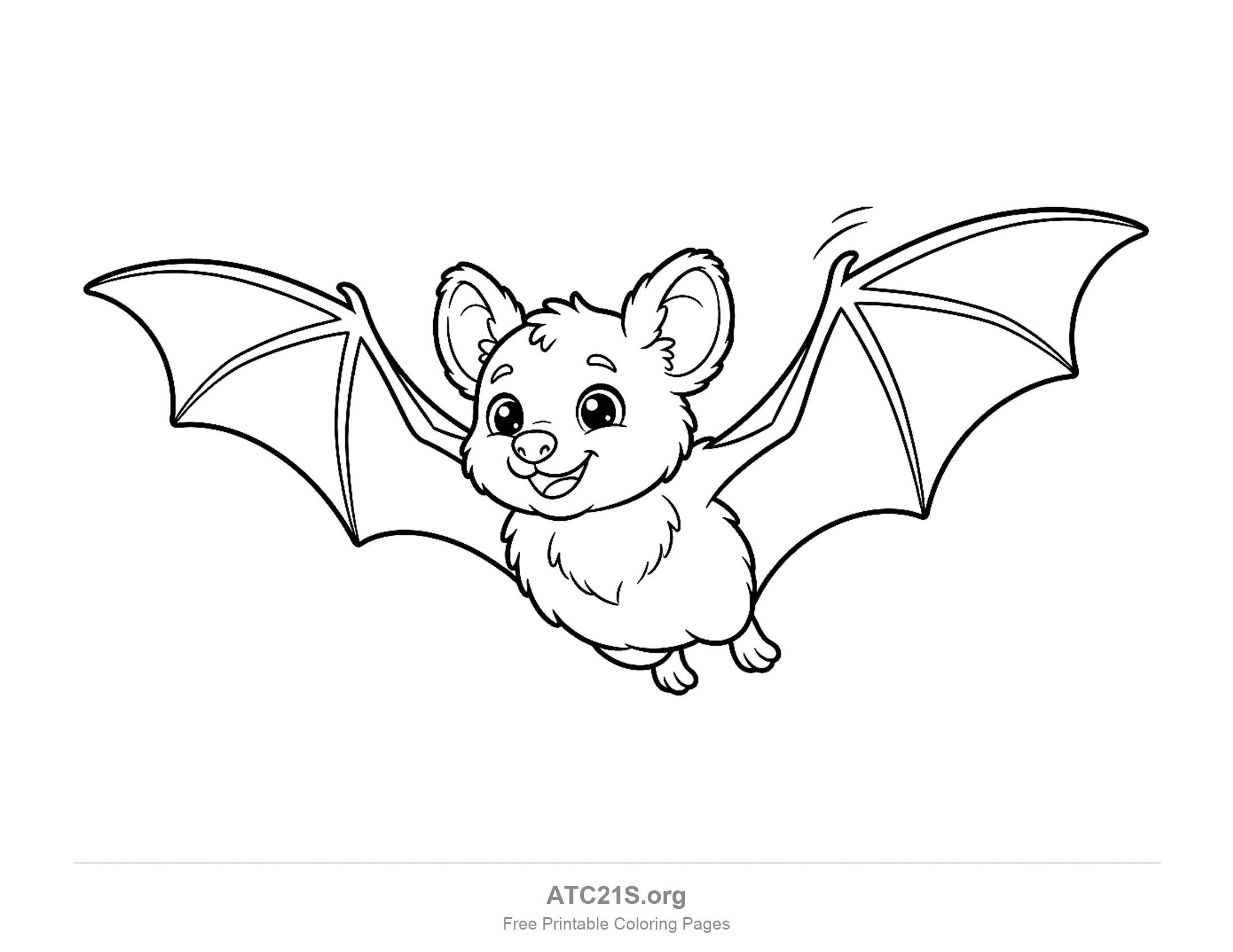 Chubby fluffy cartoon bat flying with wings spread and a round furry body, coloring page