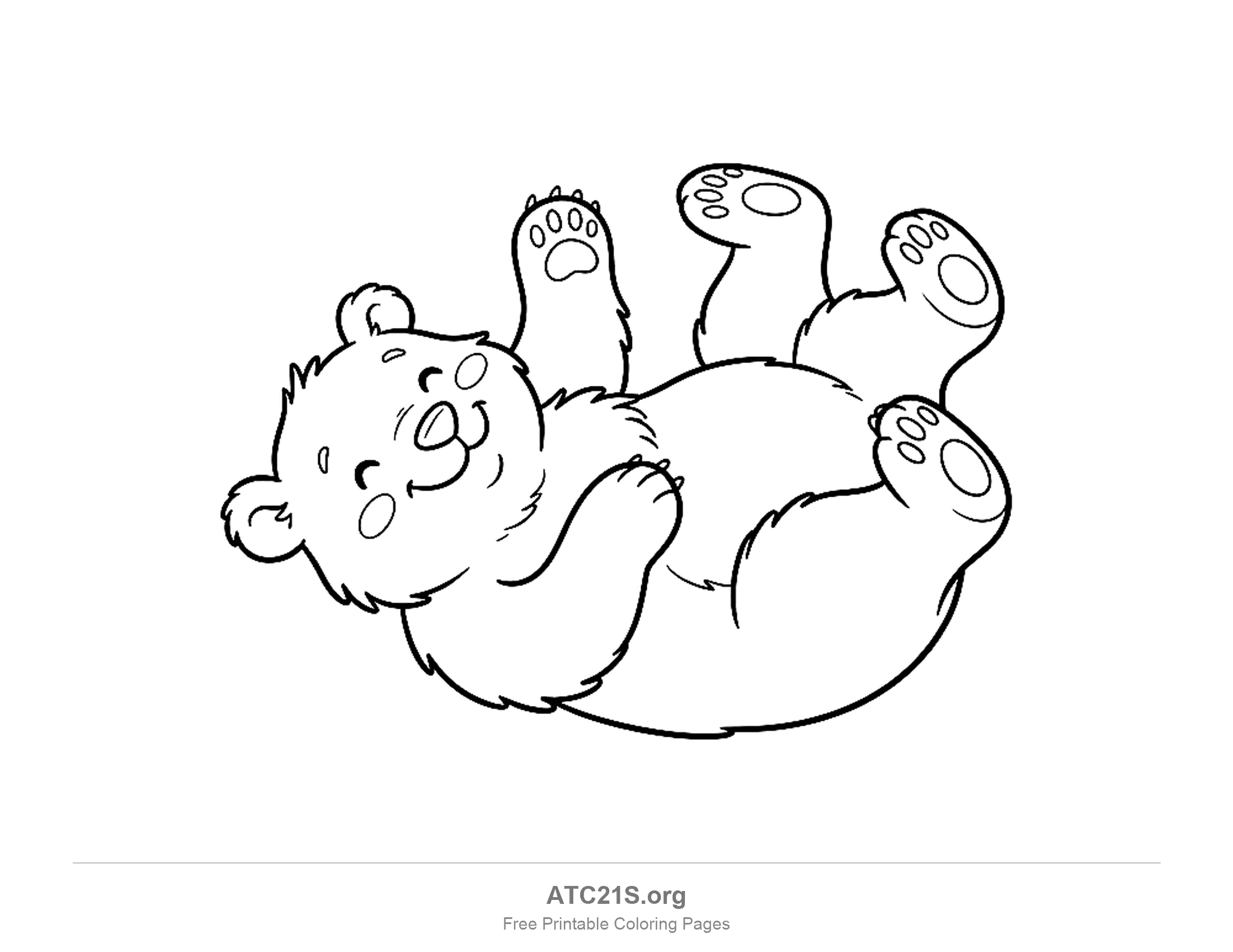 Cute bear cub lying on its back with paws in the air and a happy closed-eye smile, simple coloring page for preschoolers