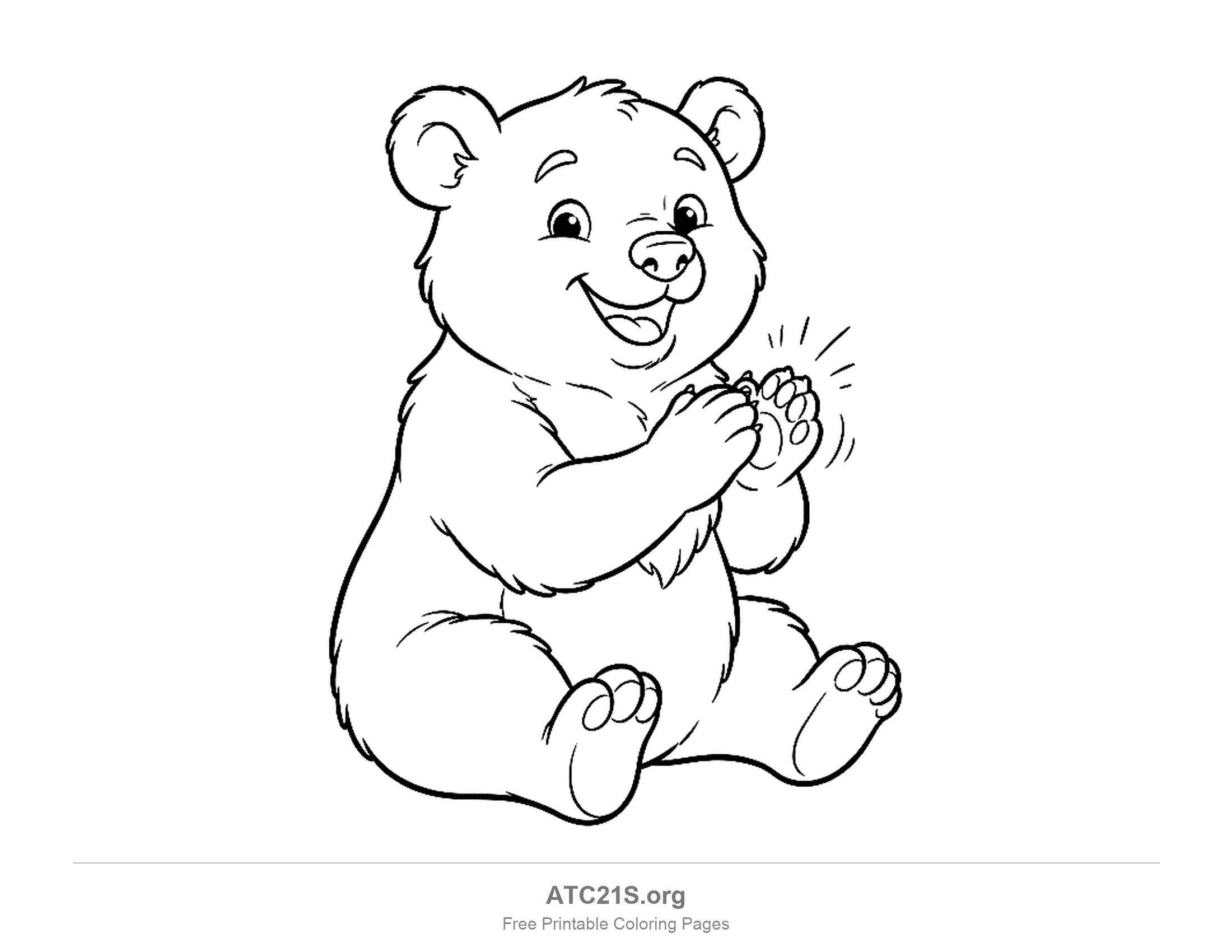 Happy bear cub sitting and clapping its paws with a big grin, printable coloring page