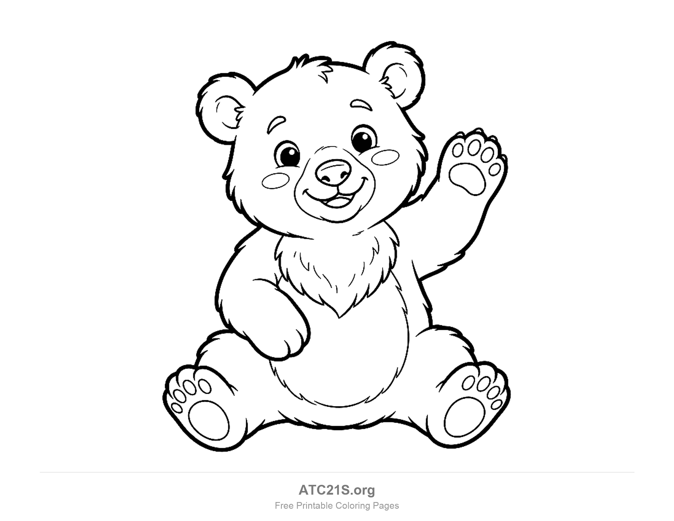 Cute bear cub sitting and waving one paw, with paw pads showing, coloring page to print