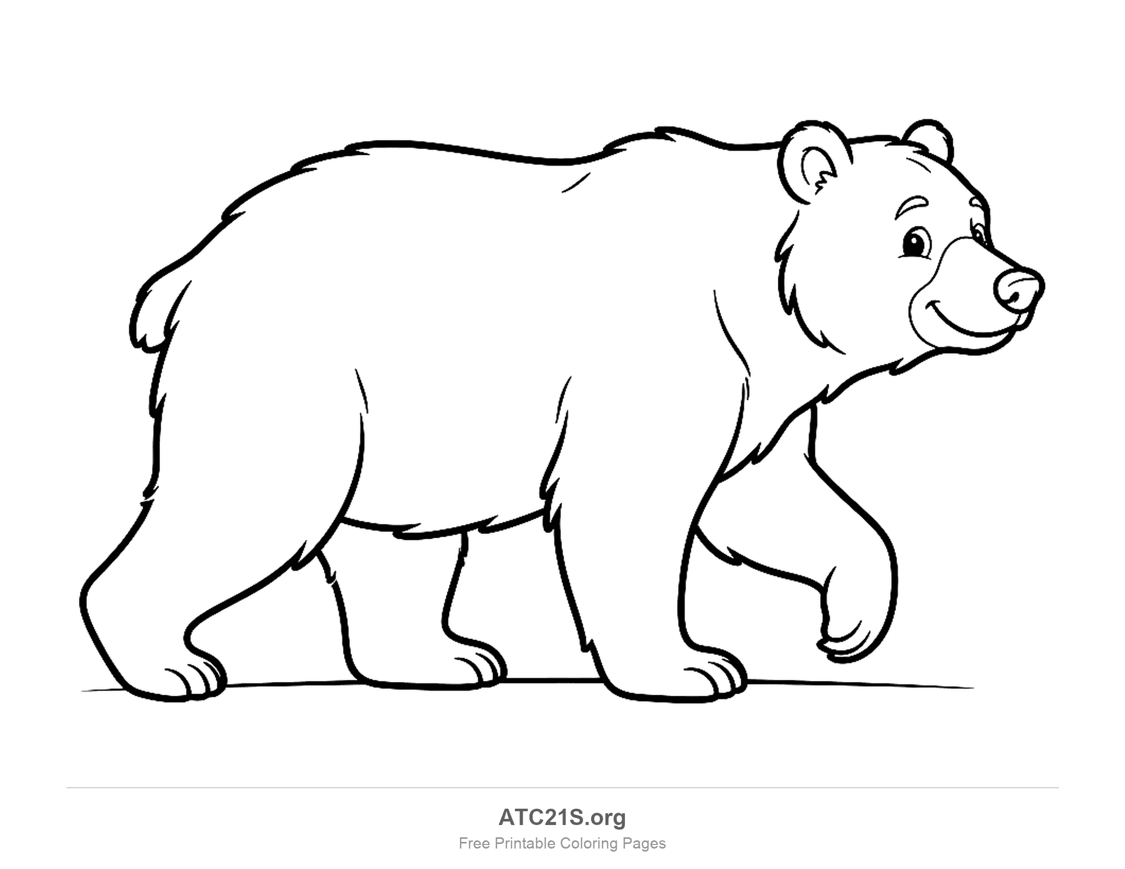 Bear walking on all fours in side view with a gentle smile, coloring page