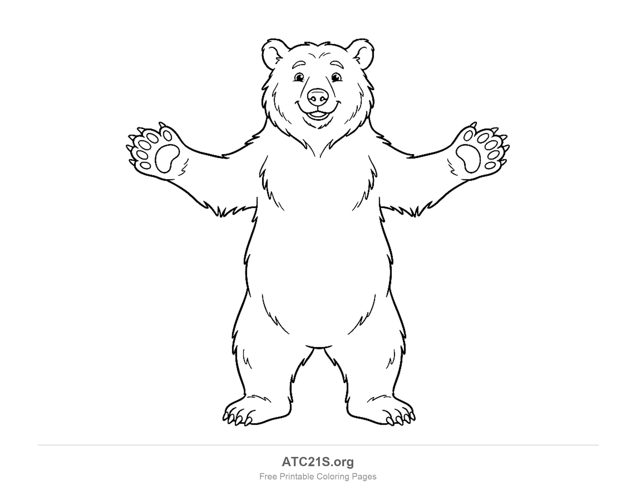 Adult bear standing upright on its hind legs with both arms stretched wide, coloring page