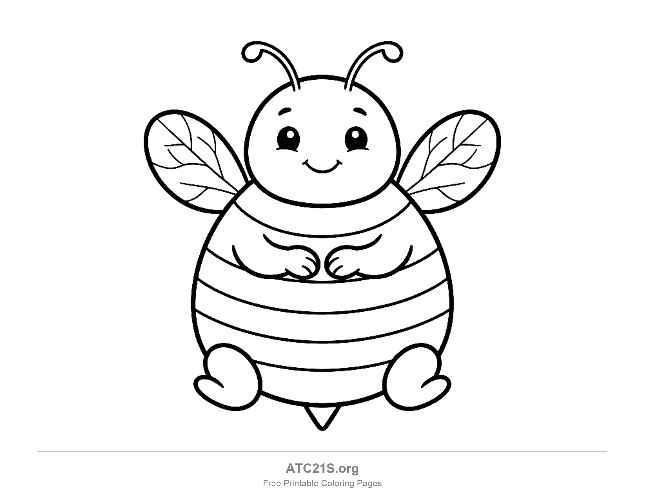 Cute chubby bee sitting front-on with paws clasped, round eyes, a smile and simple veined wings, coloring page for preschoolers