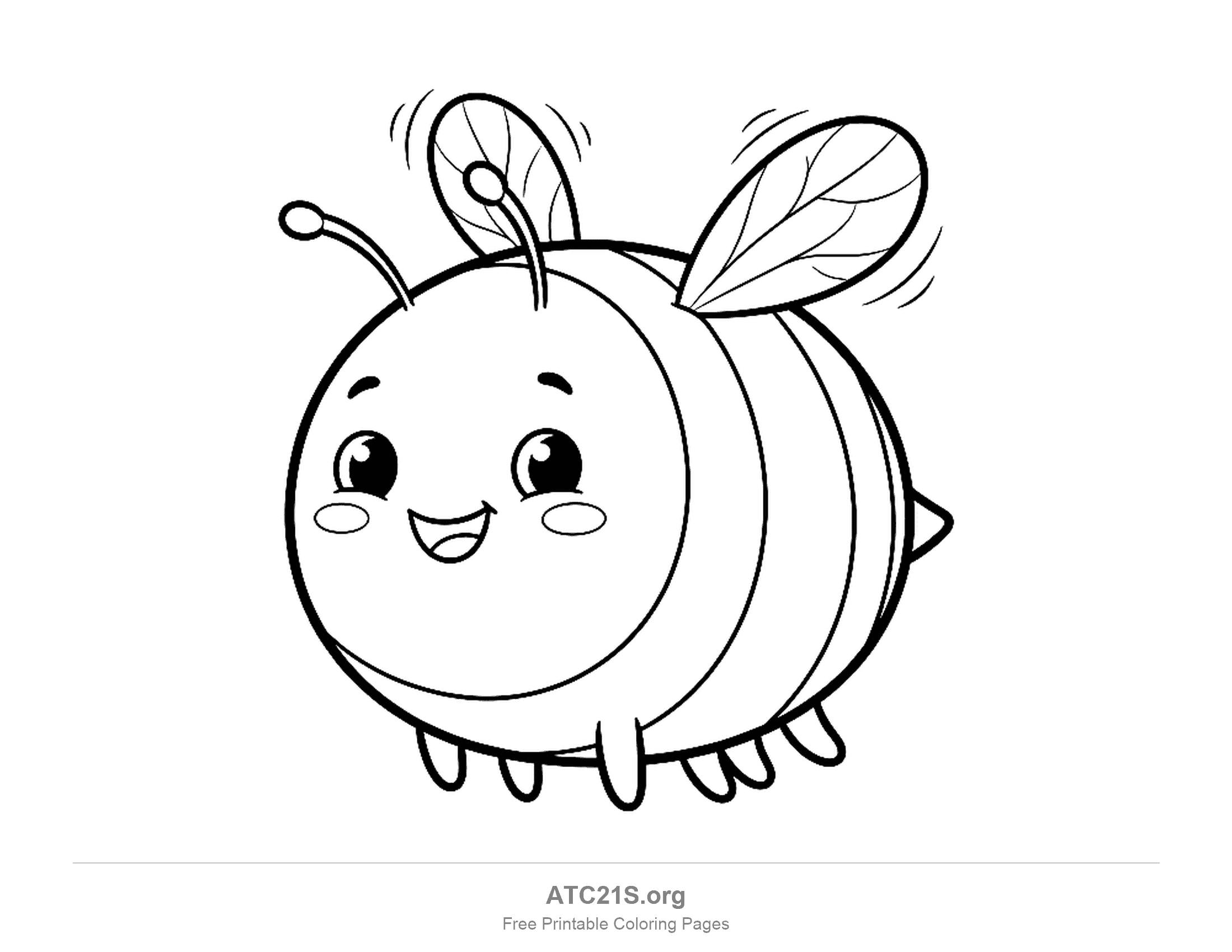 Round chubby cartoon bee flying with fluttering wings, a big smiling face, blushing cheeks and a striped oval body, printable coloring page