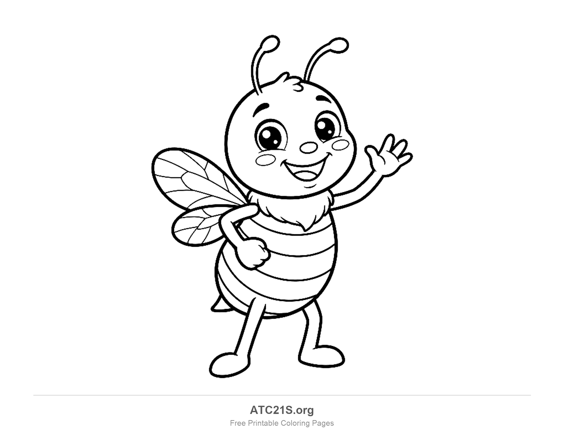 Friendly cartoon bee standing and waving with one hand on its hip, two veined wings and a fuzzy chest, coloring page for kids