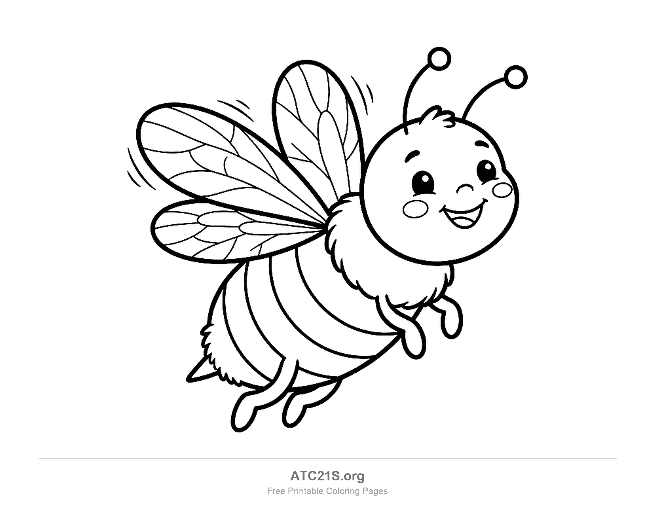 Cute bee flying diagonally upward with four veined wings, a smiling face and a striped abdomen, coloring page to print