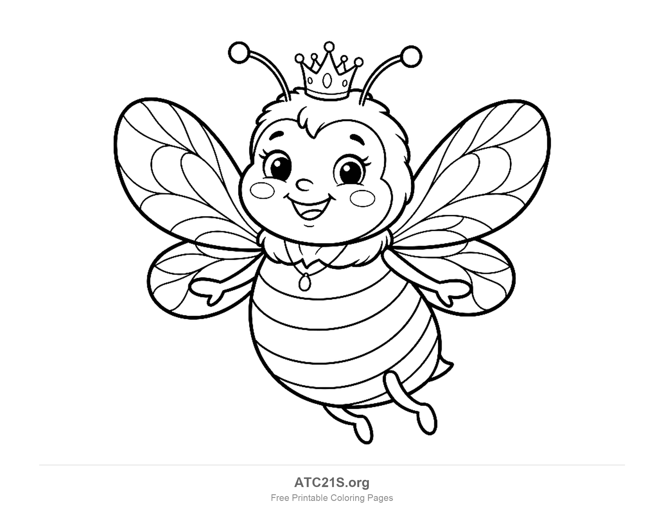 Cute queen bee wearing a crown and a pendant necklace, flying with four veined wings and eyelashes, coloring page
