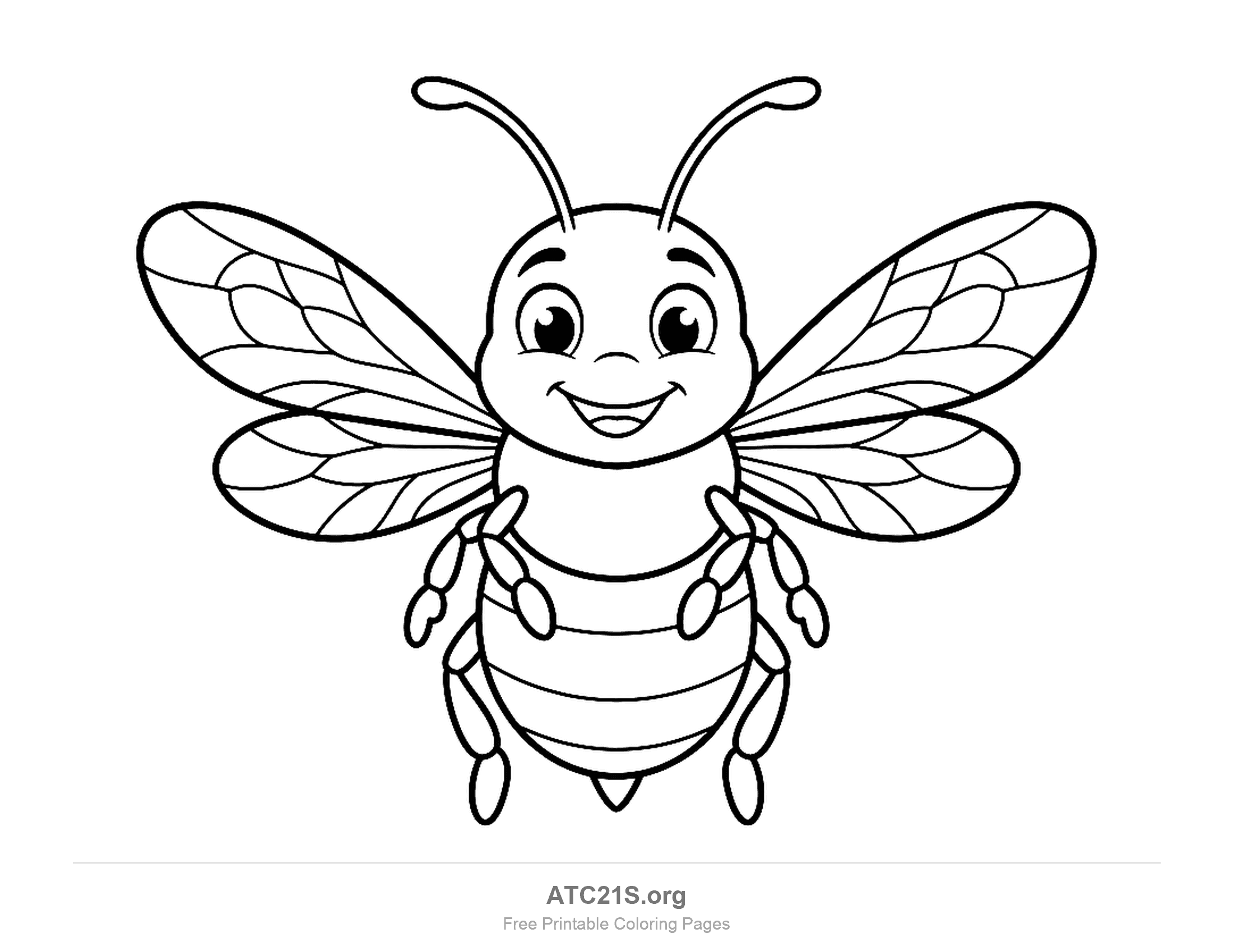Smiling bee hovering front-on with four large veined wings spread wide and six legs hanging down, coloring page