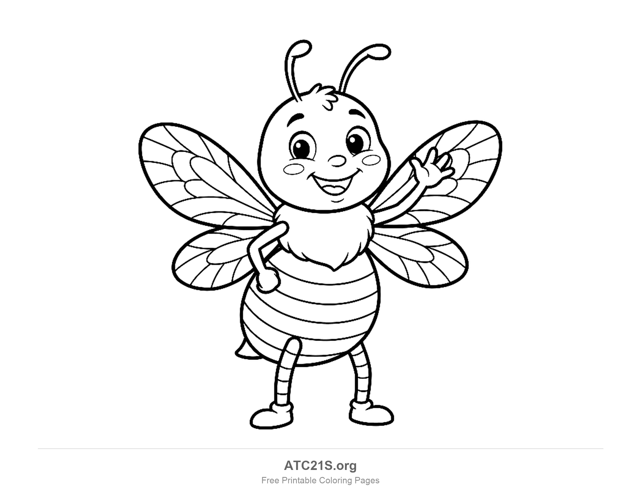 Cartoon bee standing and waving with four detailed veined wings, striped legs, a fuzzy chest and a tuft of hair, coloring page