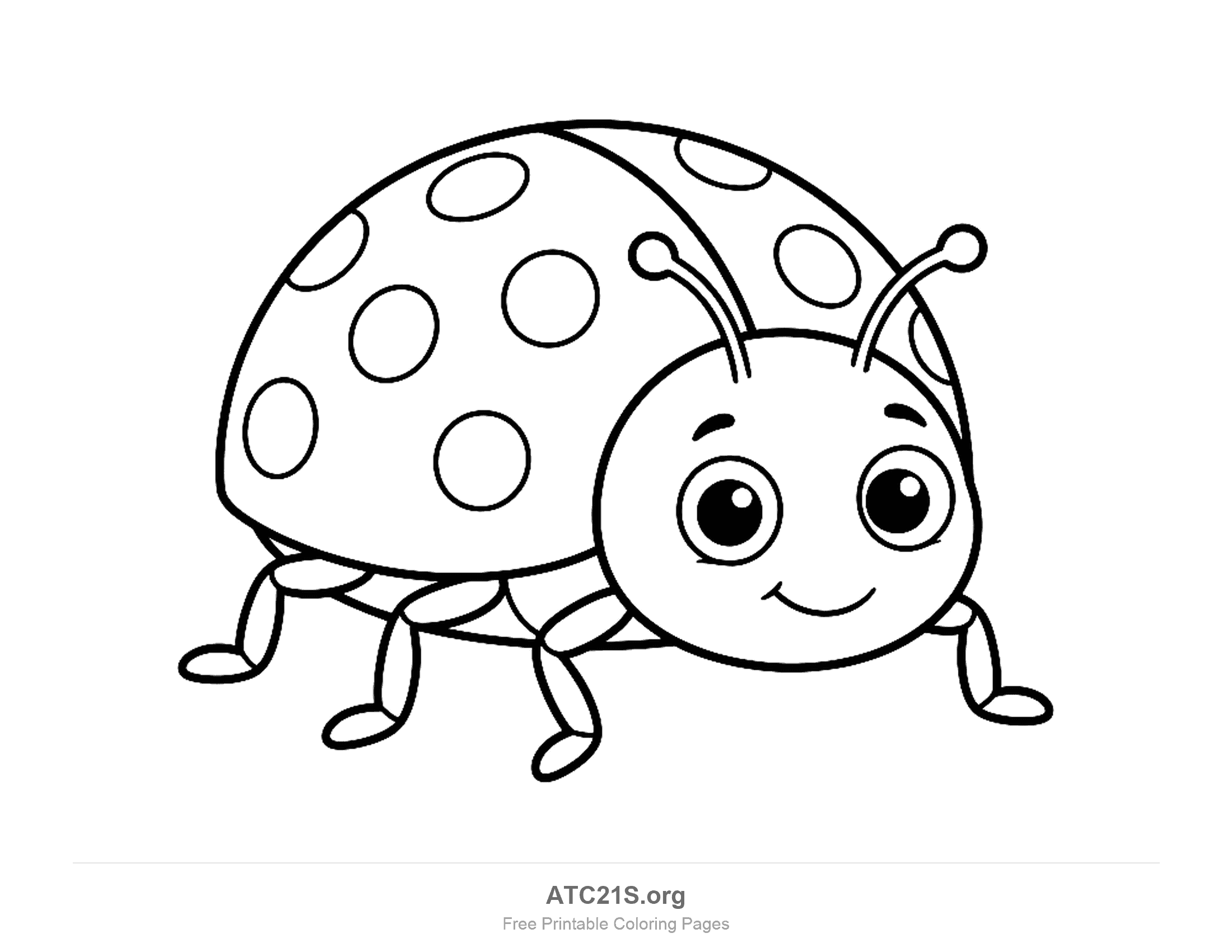 Cute smiling ladybug walking with a spotted shell, round head and six legs, simple coloring page for preschoolers