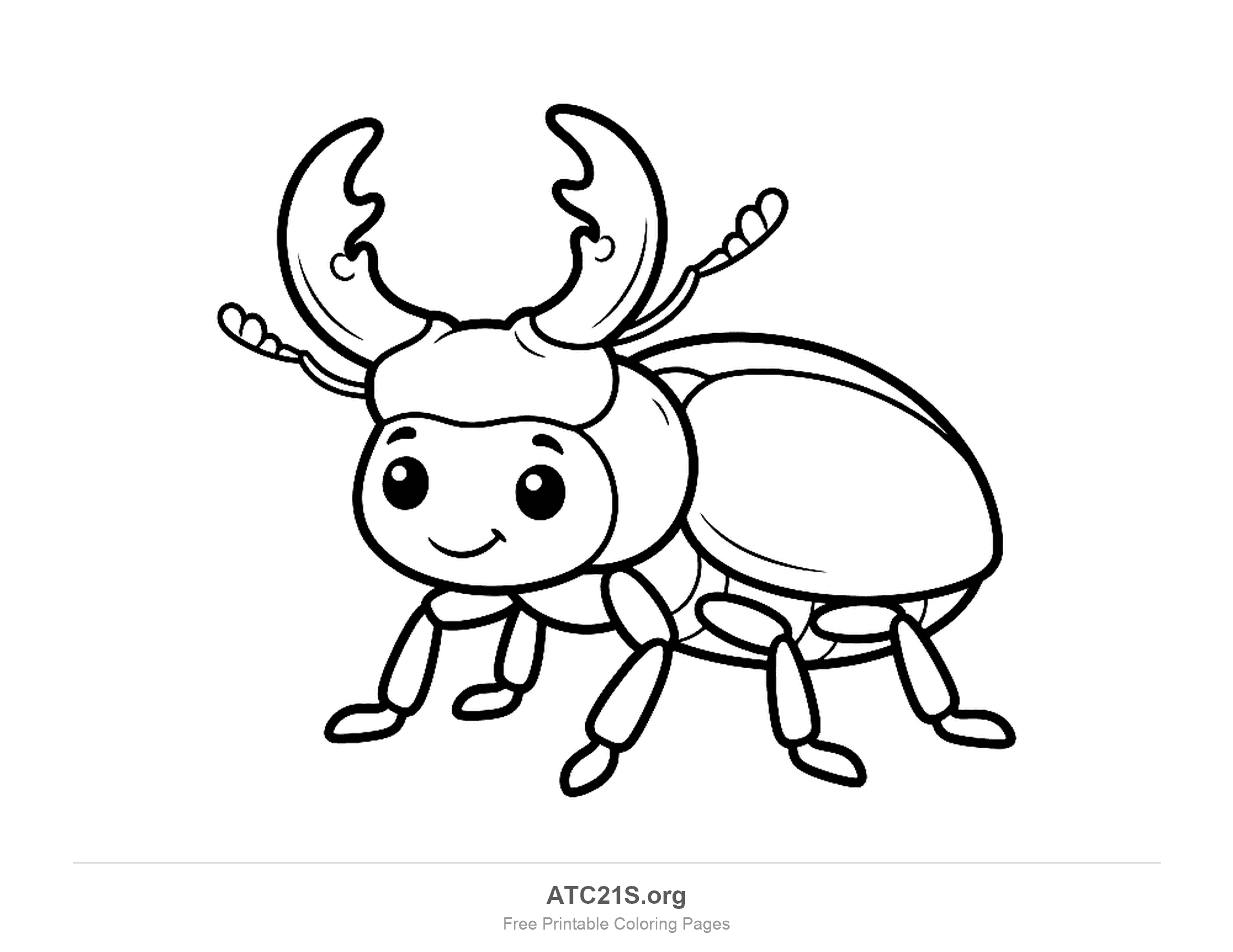 Cute cartoon stag beetle standing with large antler-like mandibles and a shiny shell, printable coloring page