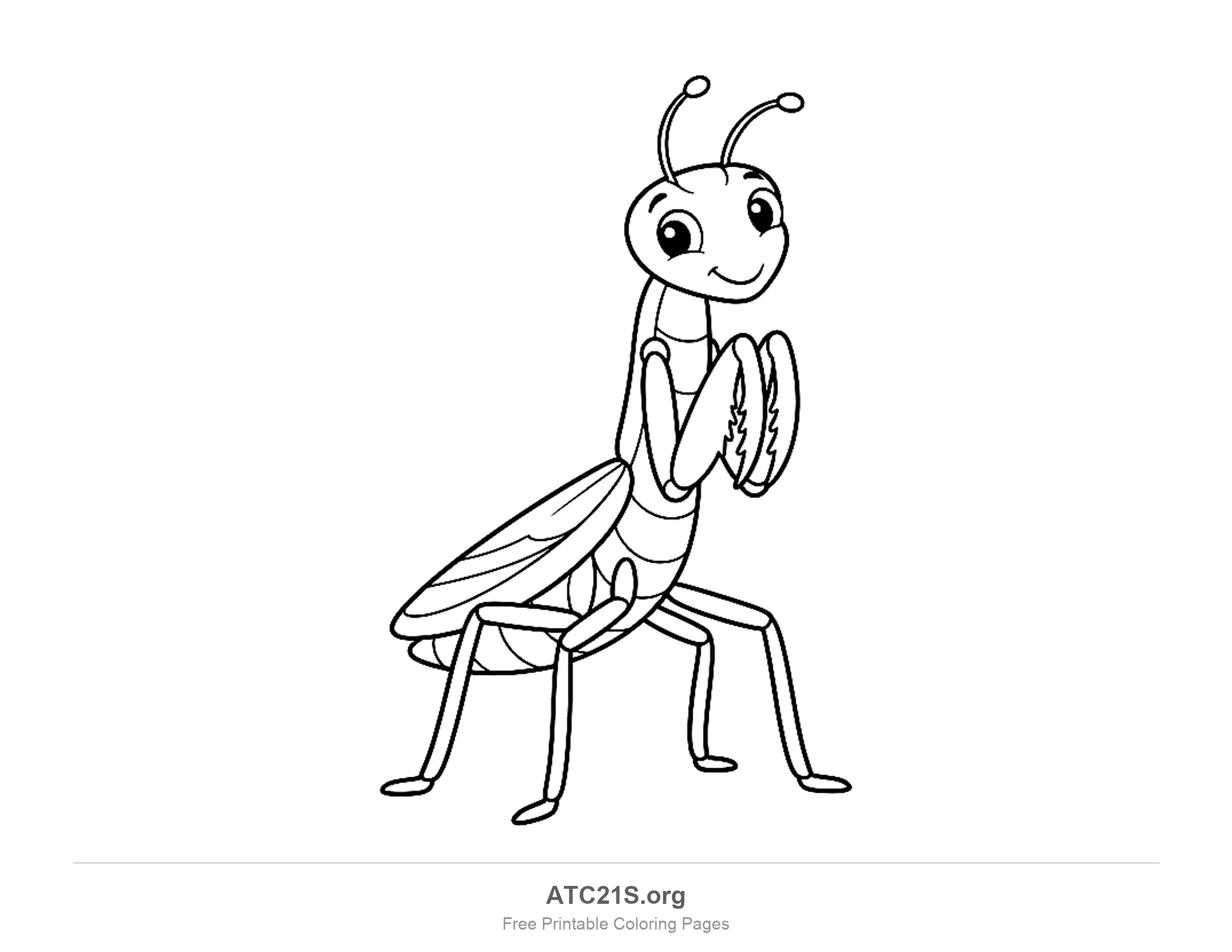 Cute praying mantis standing upright with folded front legs and a long neck, coloring page to print
