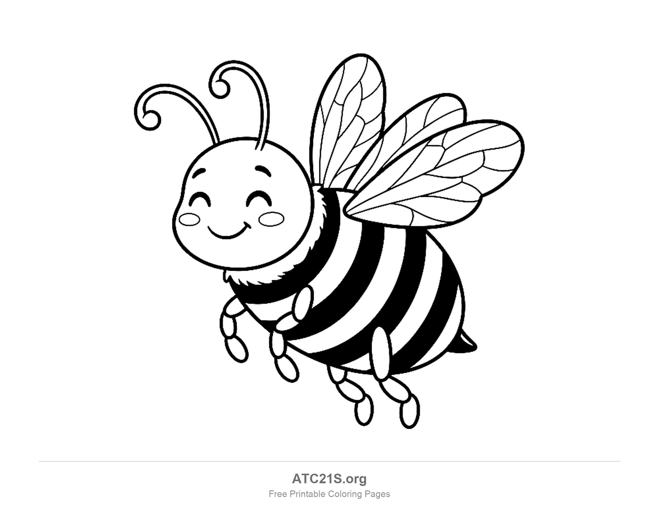 Chubby smiling bumblebee flying with a striped body, curly antennae and veined wings, coloring page for kids