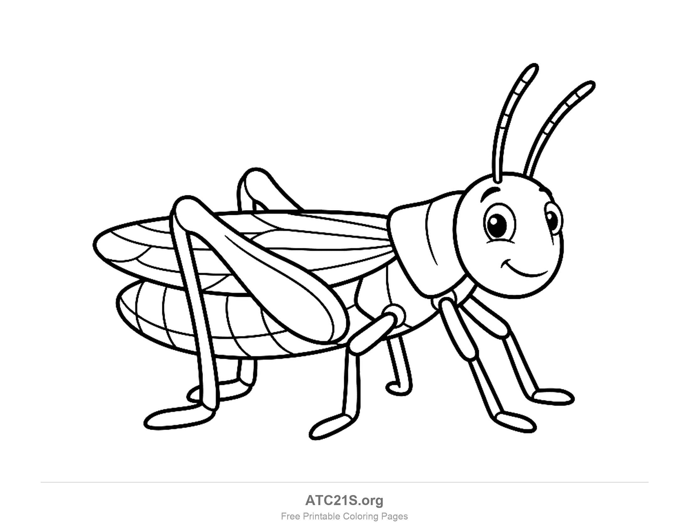 Cute grasshopper standing in profile with long hind legs and folded wings, coloring page