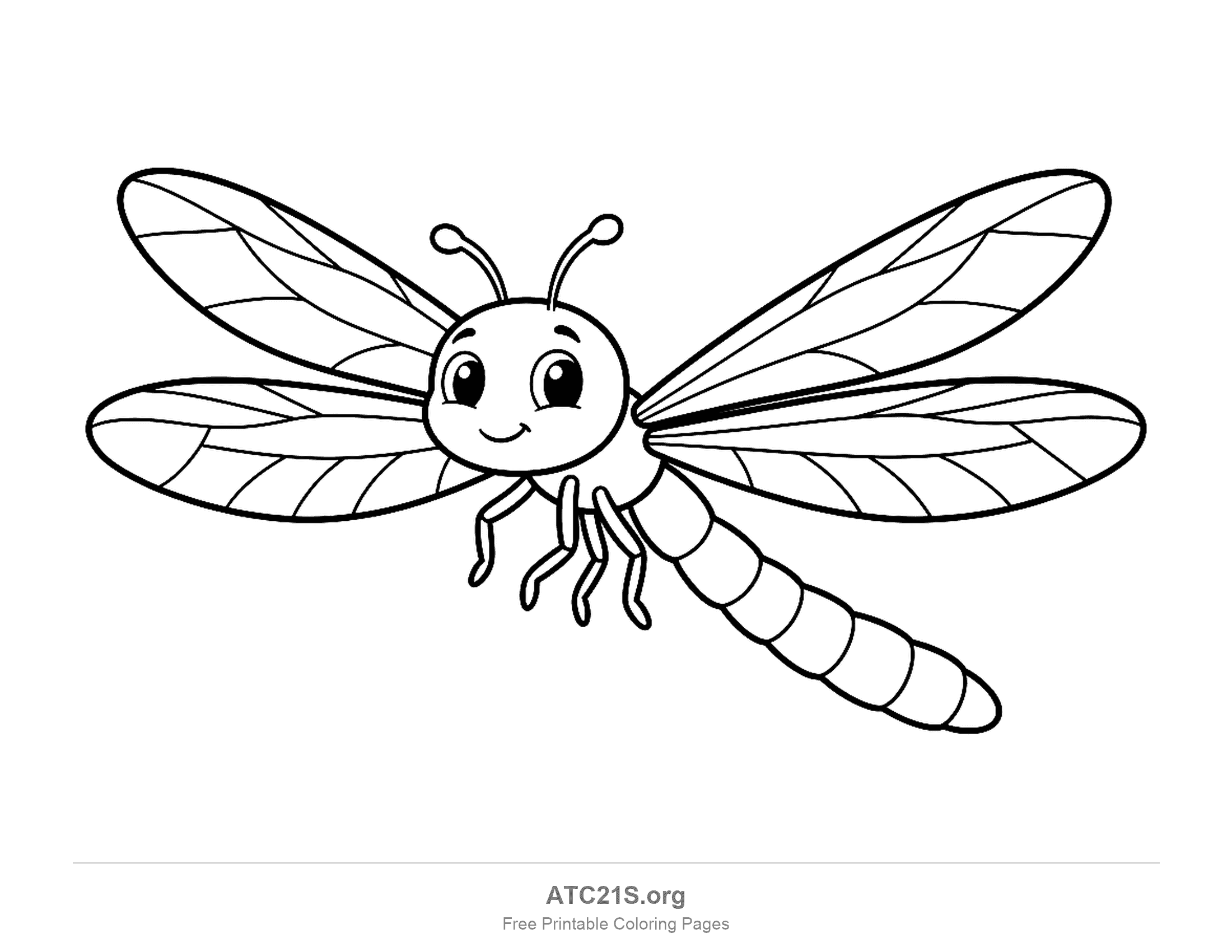Cute dragonfly flying with four long veined wings and a segmented tail, coloring page