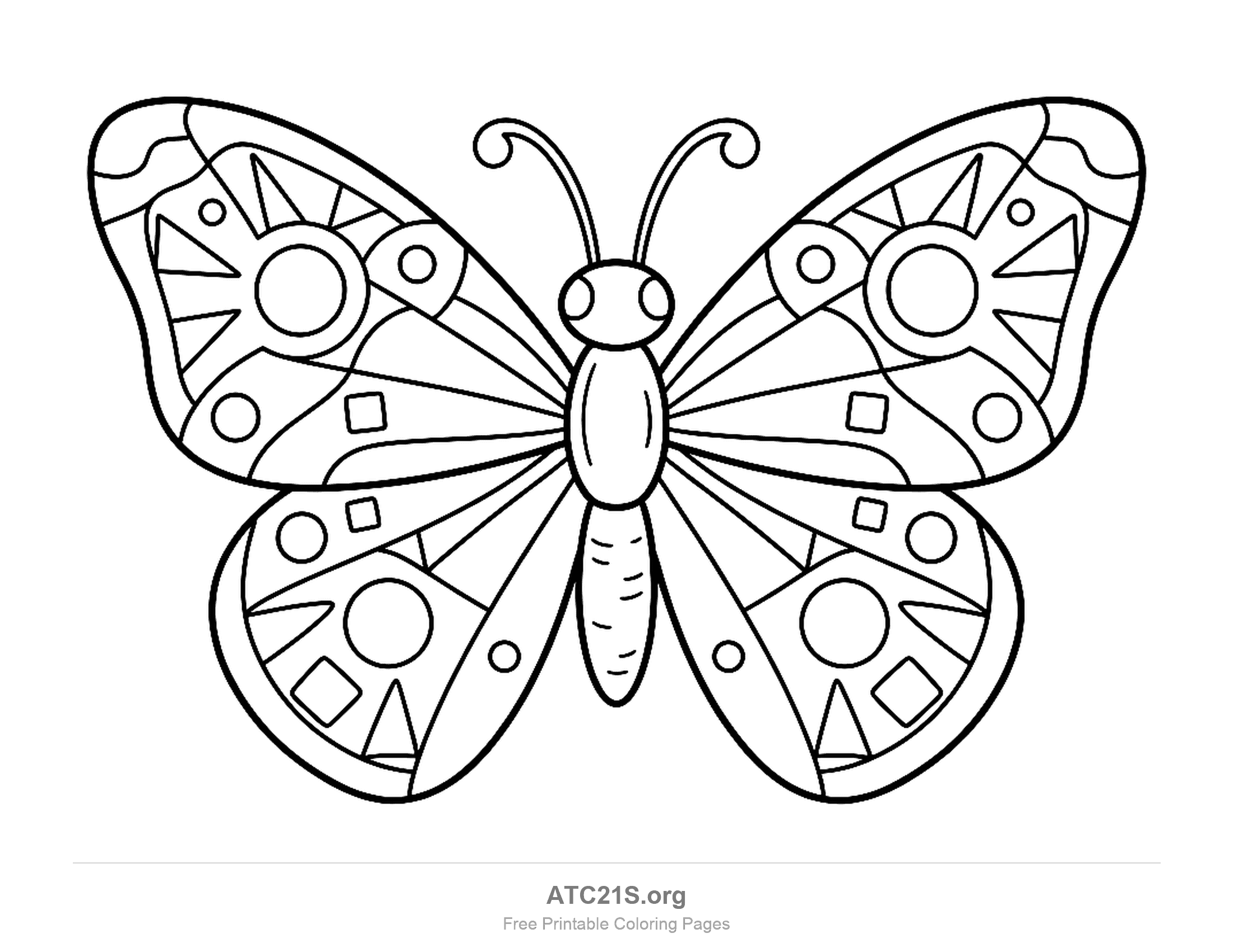Detailed butterfly with wings spread showing circles, squares and geometric patterns, coloring page for older kids