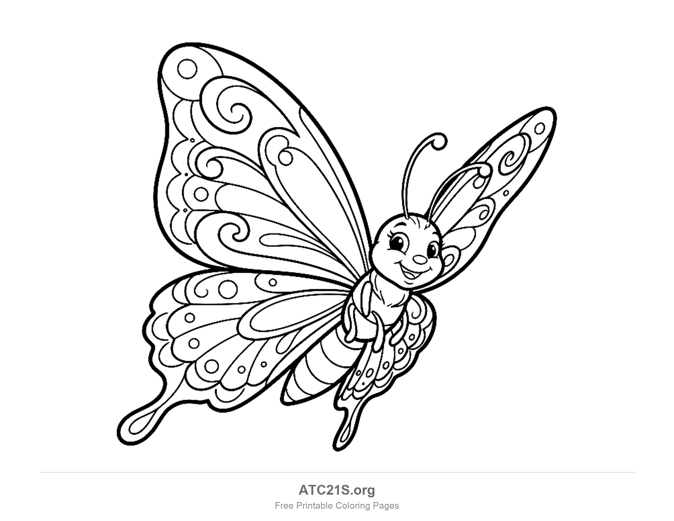 Cute cartoon butterfly flying at an angle with a smiling face, curly antennae and swirl-patterned wings, printable coloring page