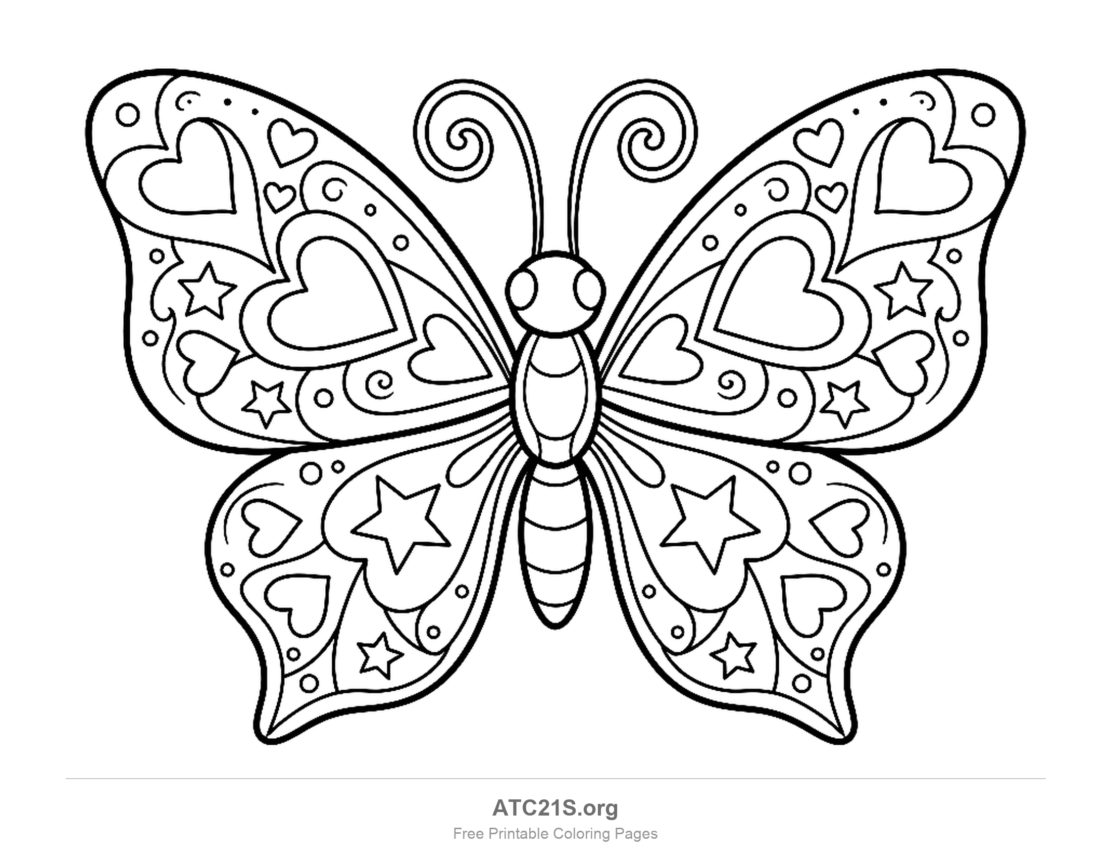 Butterfly with hearts, stars and swirls filling both pairs of wings, whimsical coloring page to print
