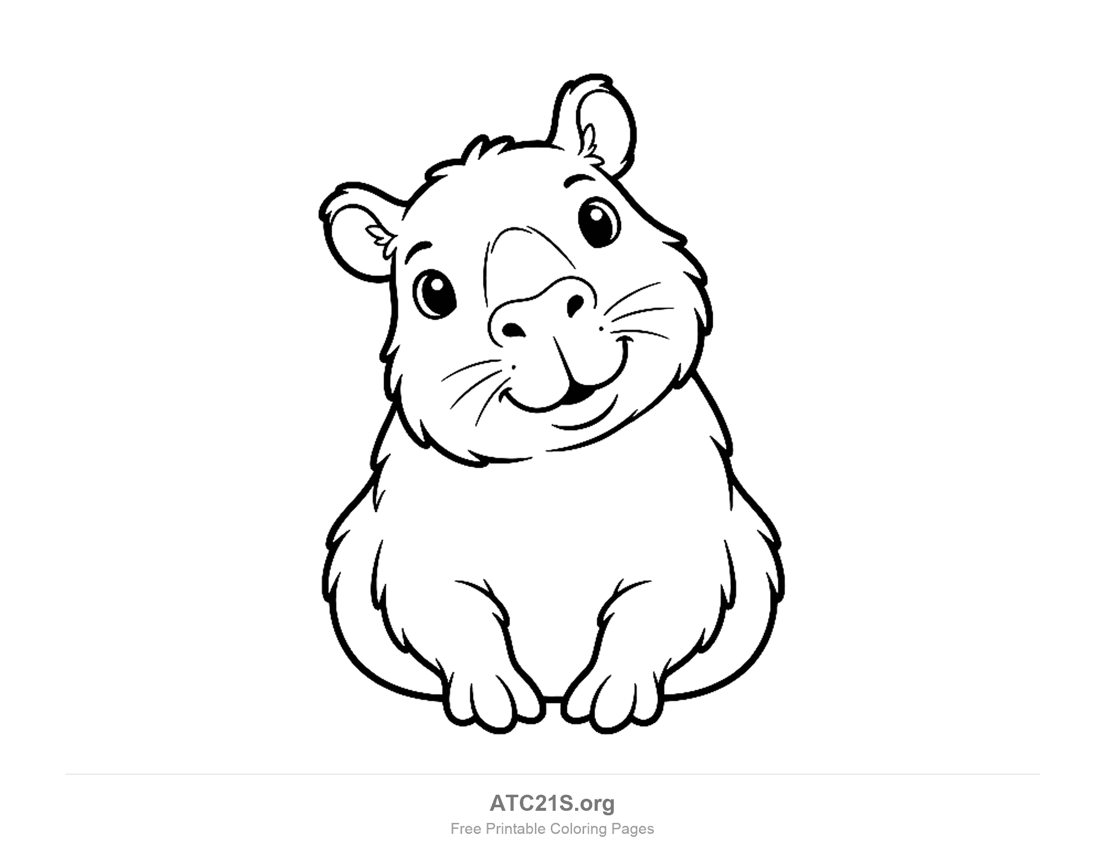 Cute capybara sitting front-on with its head tilted, big round eyes and a smile, simple coloring page for preschoolers