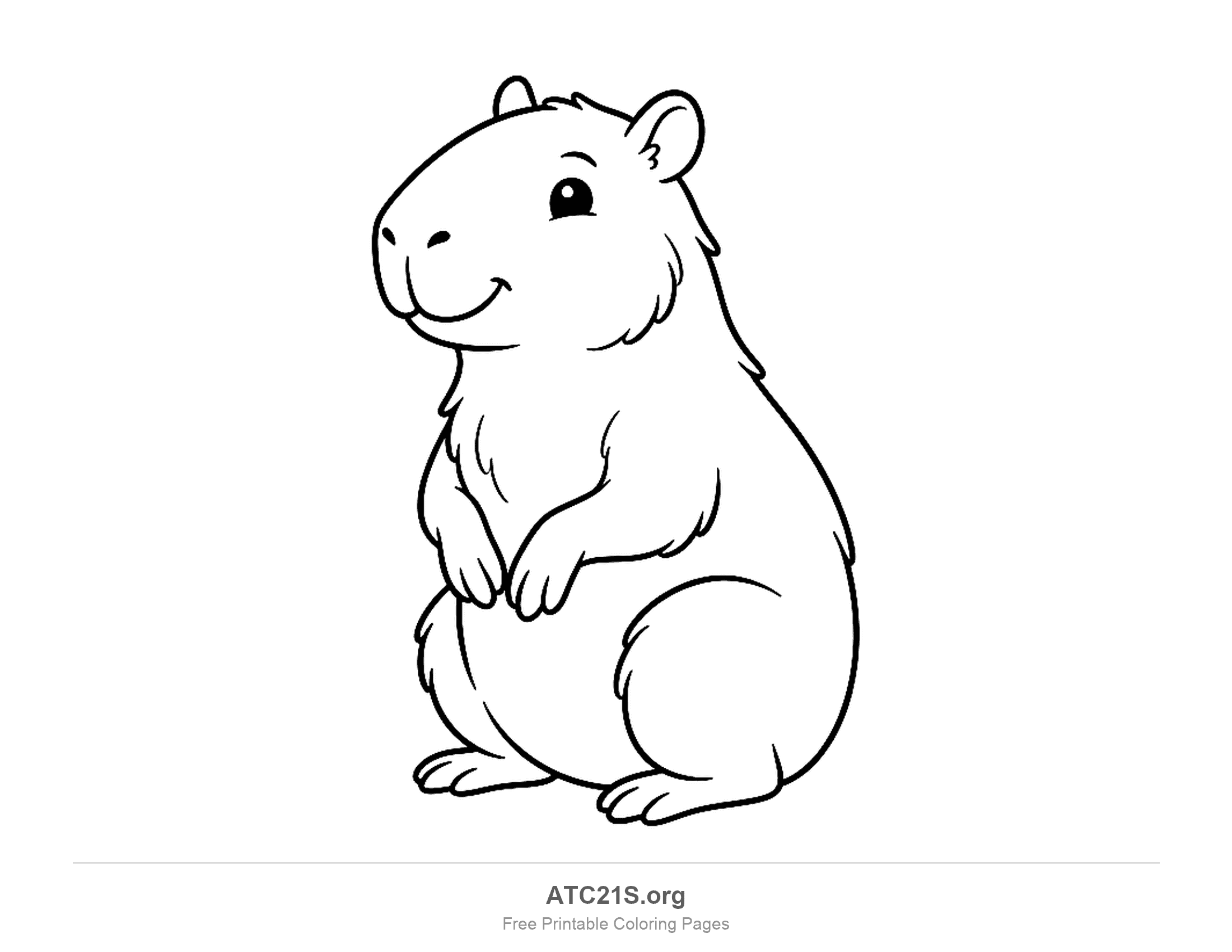 Cute cartoon capybara sitting upright on its haunches with front paws together and a smile, coloring page to print