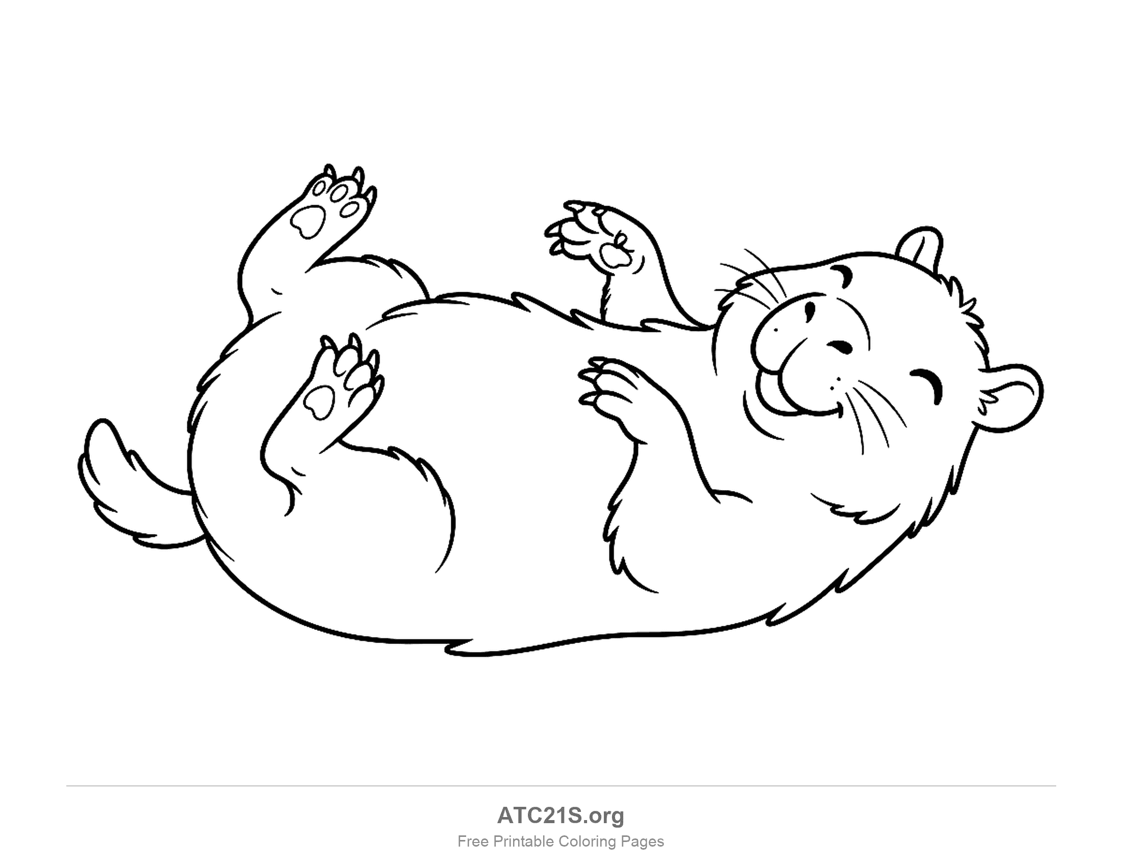 Playful capybara lying on its back with all four paws in the air, paw pads showing and a happy smile, coloring page