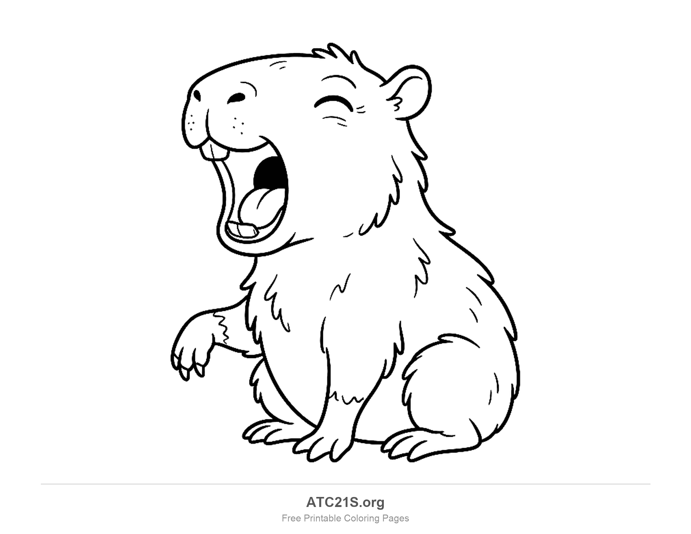 Detailed sitting capybara yawning with its mouth wide open, showing teeth and tongue, coloring page for older kids
