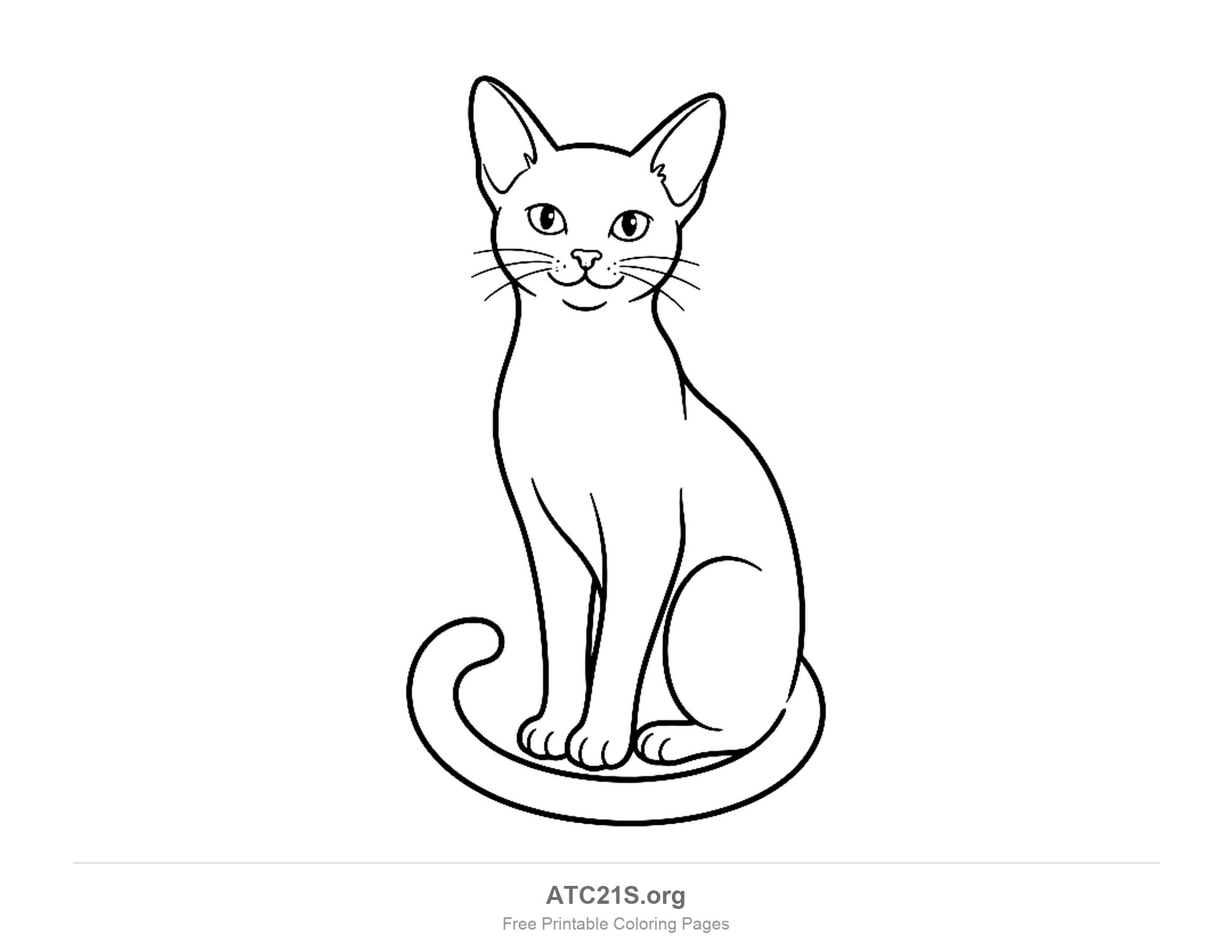 Slim short-haired cat sitting upright with its long tail curving around its paws, thin-outline coloring page for beginners