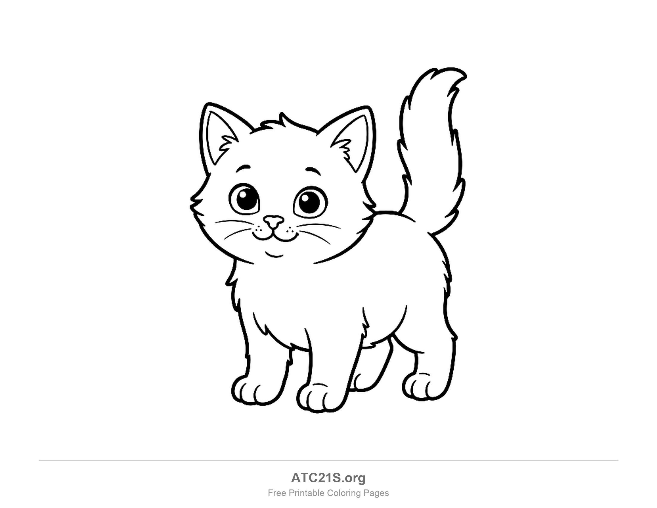 Fluffy kitten standing in side view with big round eyes and a bushy tail held up, printable coloring page for kids