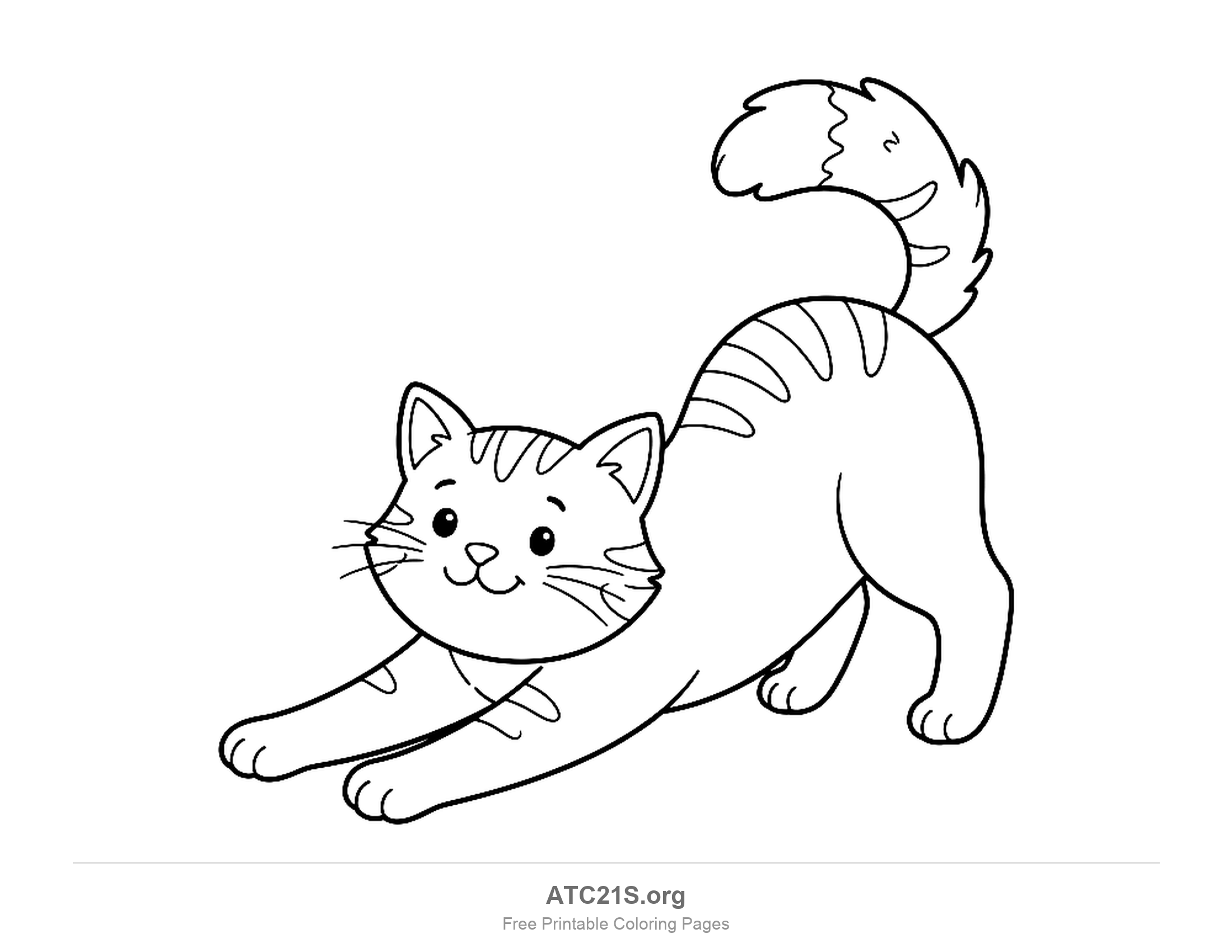 Smiling tabby cat stretching with its front paws reaching forward and its striped back arched up, coloring page to print