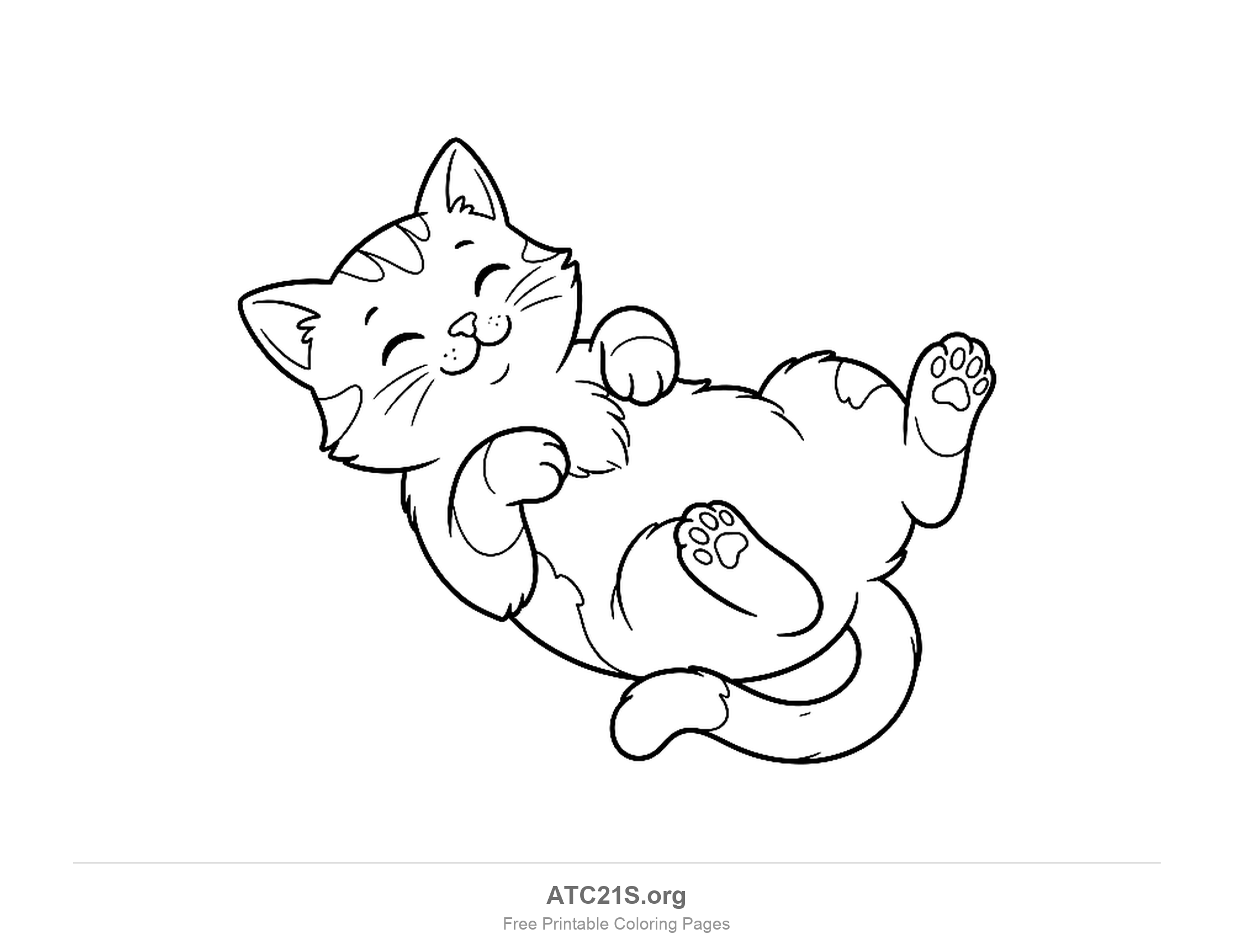 Happy kitten rolling on its back with its belly up, paw pads showing and eyes squeezed shut, coloring page for kids
