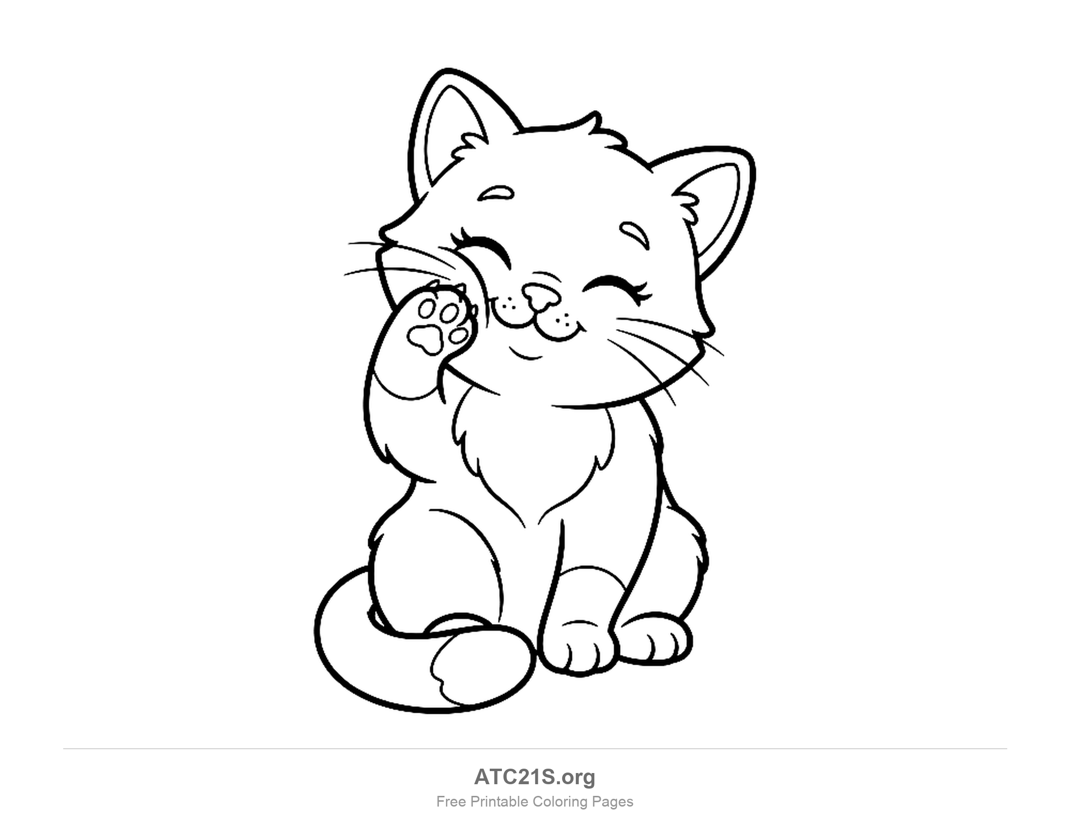 Kitten sitting and grooming itself, licking a raised front paw with its tail curled around, detailed coloring page