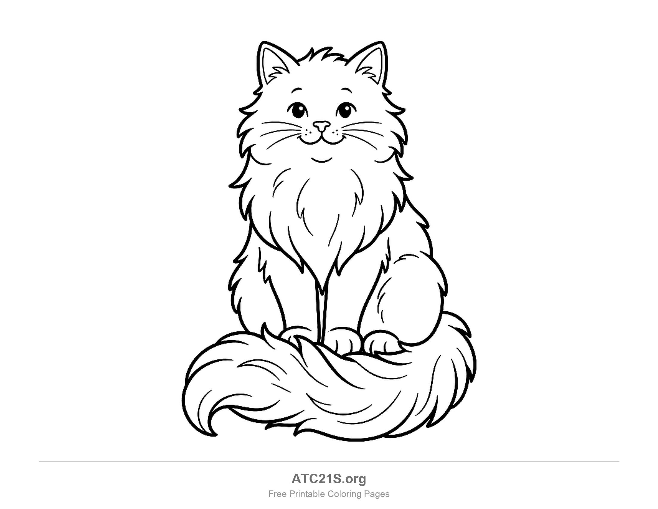 Long-haired cat sitting front-on with a thick ruff of chest fur and a huge plumed tail sweeping across the floor, detailed coloring page for older kids