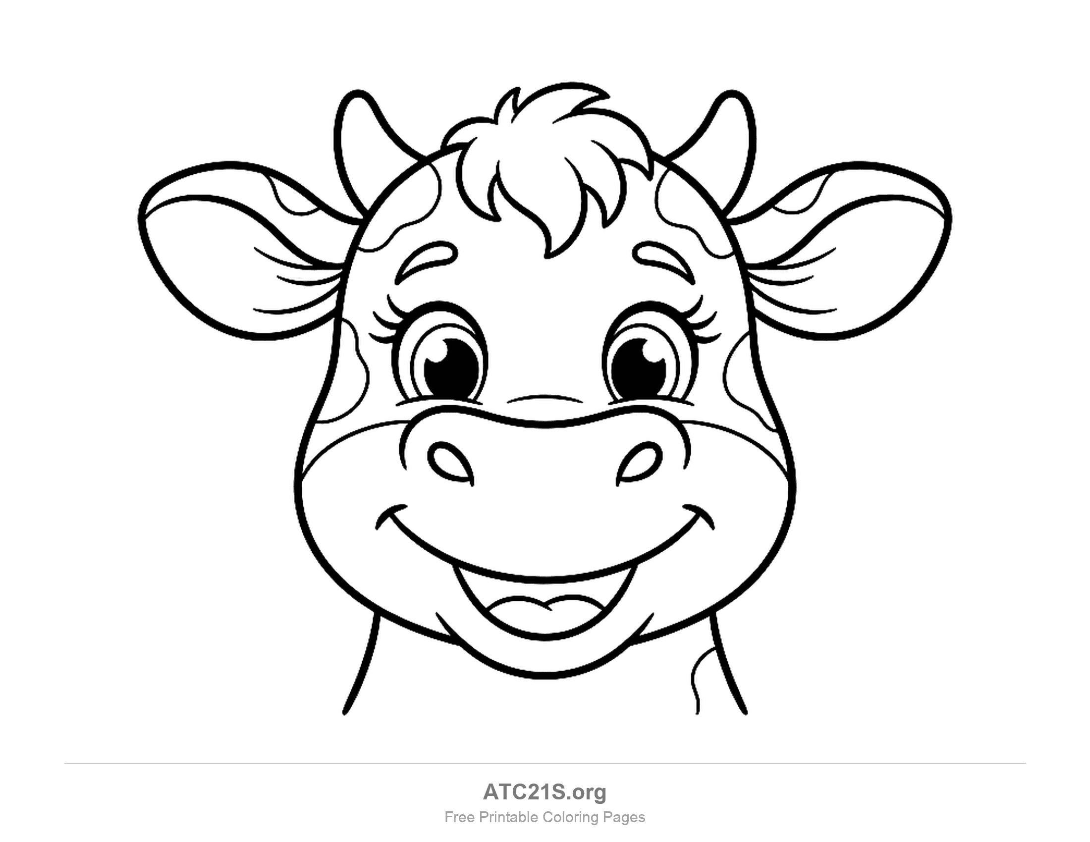 Close-up of a smiling cartoon cow face with big eyes, eyelashes, spots on the ears and a tuft of hair, simple coloring page for preschoolers
