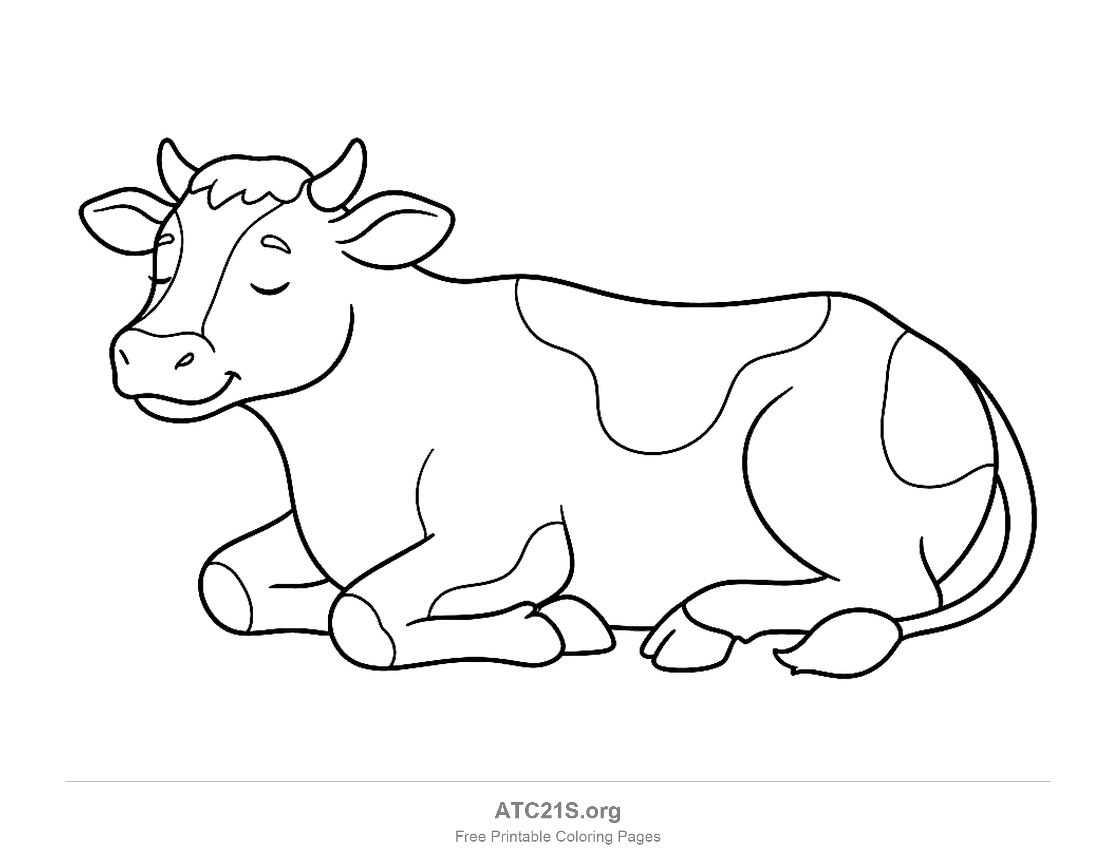 Spotted cow lying down with its eyes closed and a small smile, simple coloring page for kids