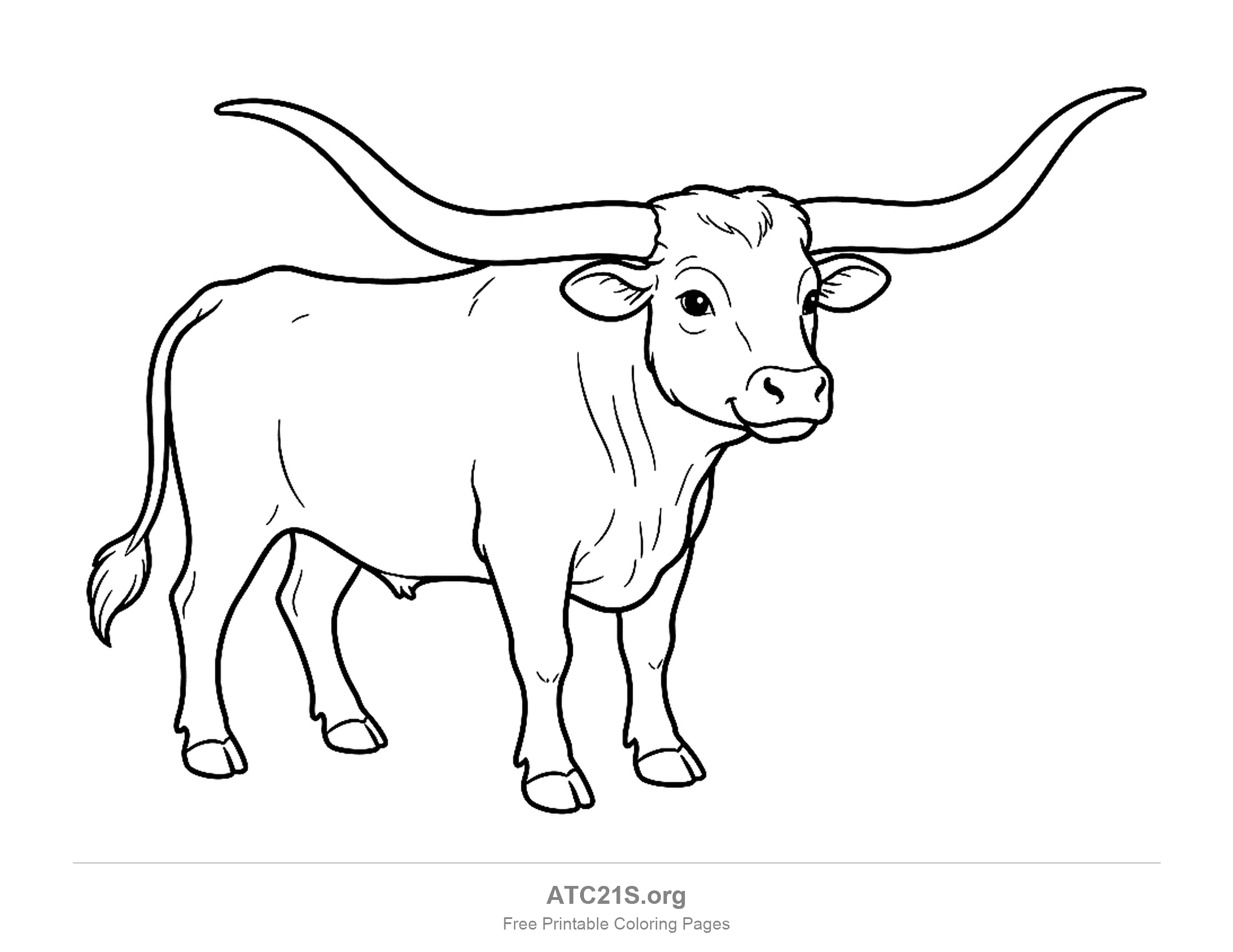 Standing cattle with very long sweeping horns and a plain unspotted body, coloring page to print