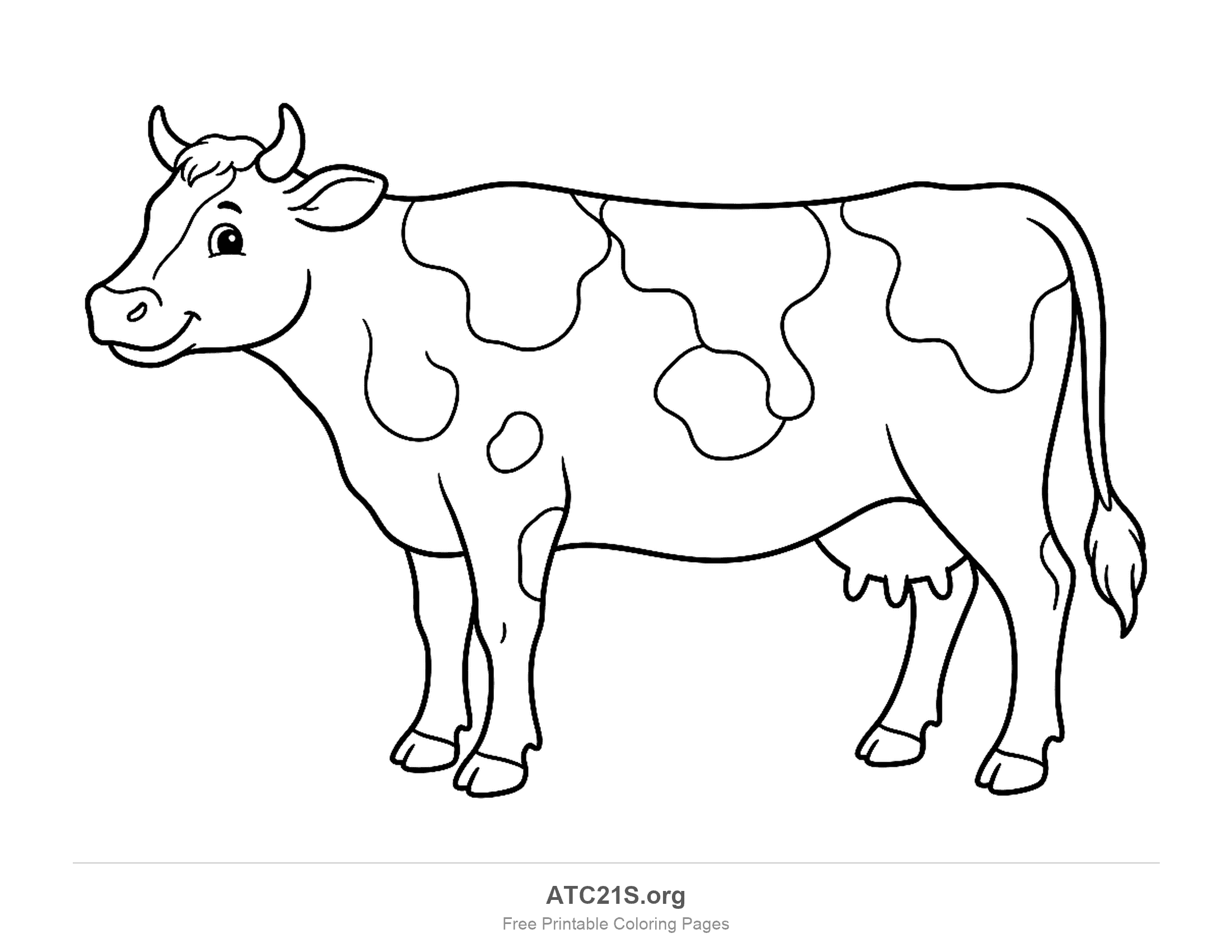 Spotted dairy cow standing in profile with small horns, patches on its body and an udder, coloring page