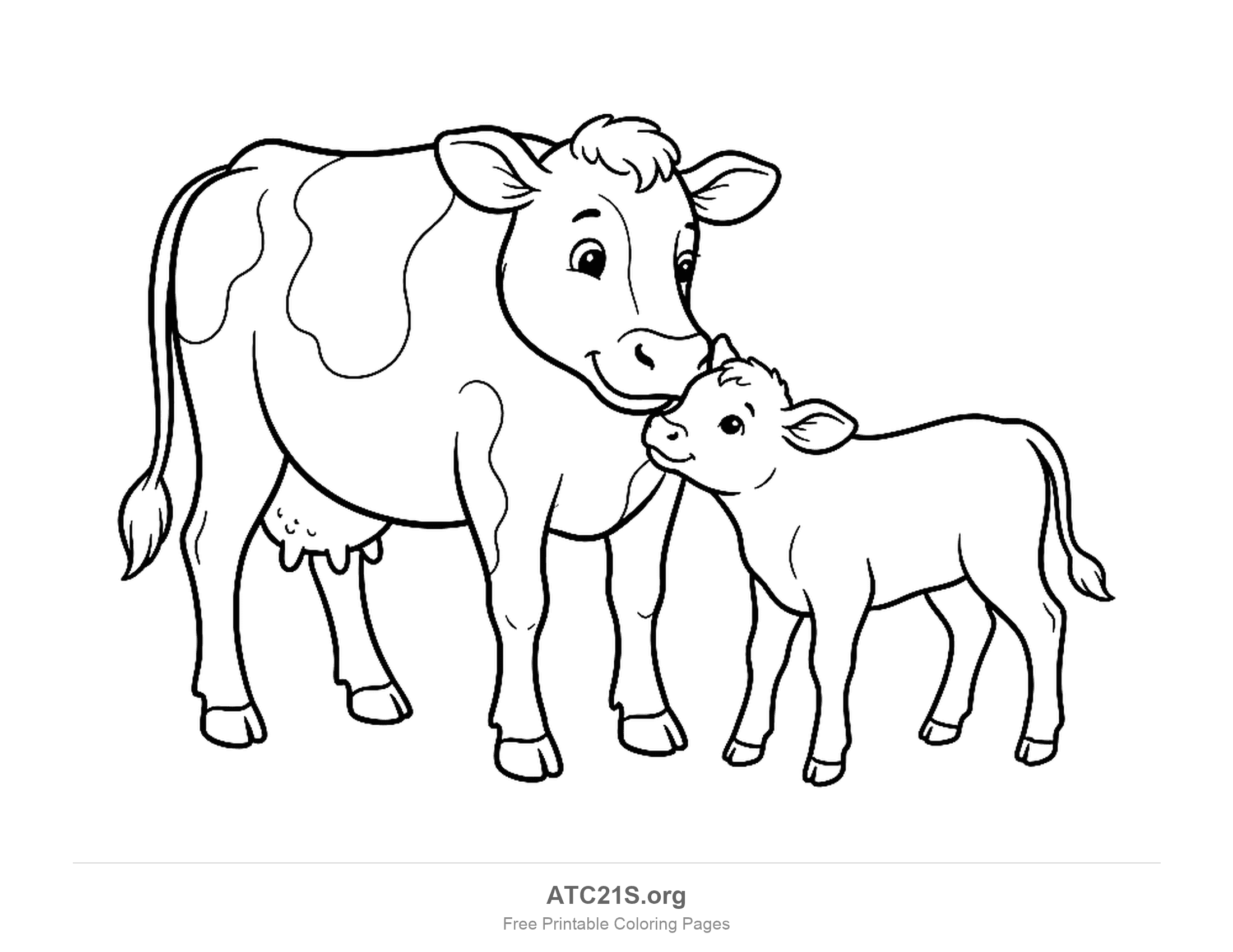Mother cow nuzzling a standing calf, printable coloring page