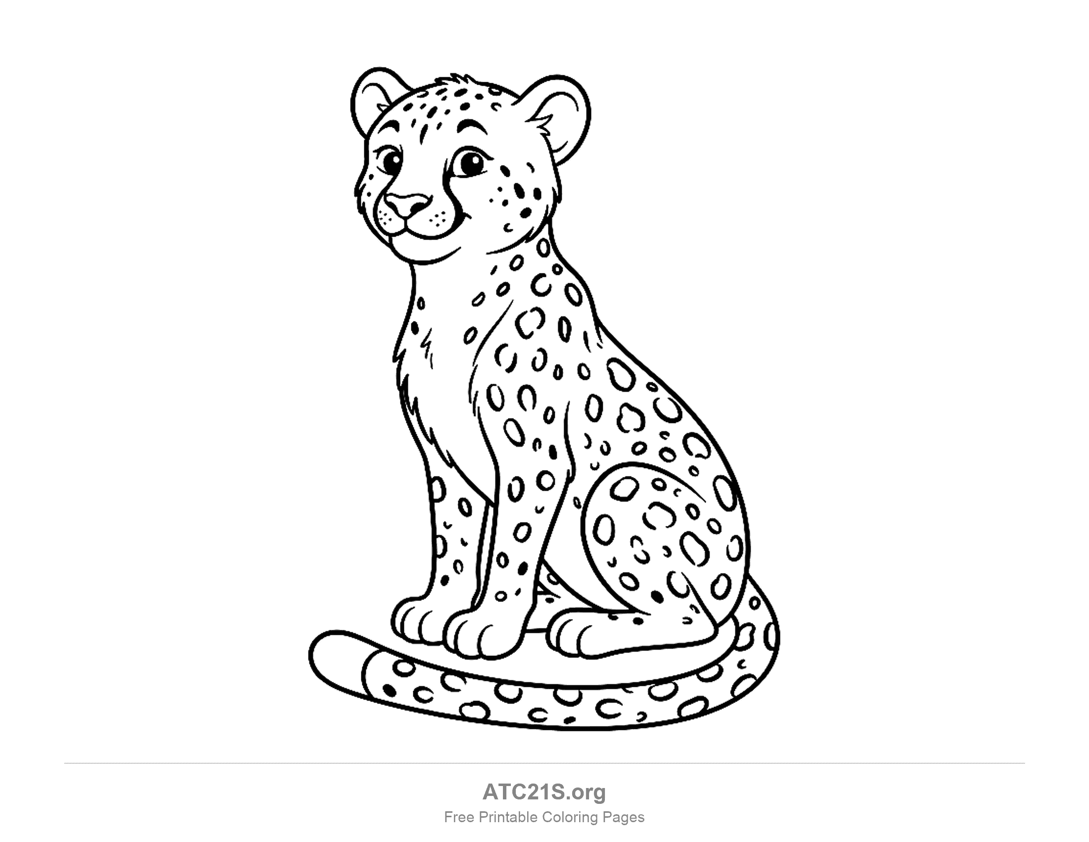 Cute cartoon cheetah sitting upright with a smile, its tail wrapped around its front paws, simple coloring page for preschoolers
