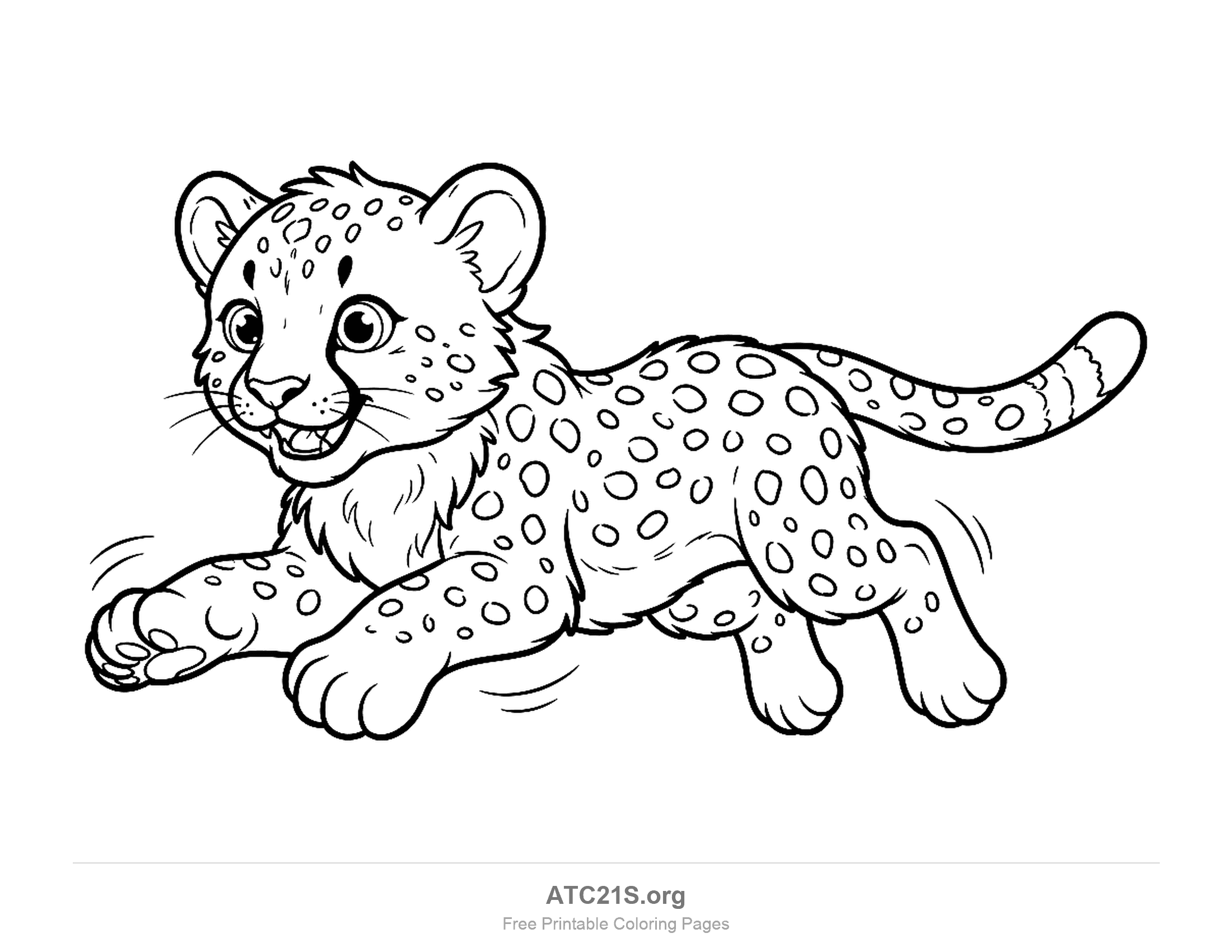 Cute cheetah cub running with big round eyes, an open smiling mouth and motion lines around its paws, printable coloring page
